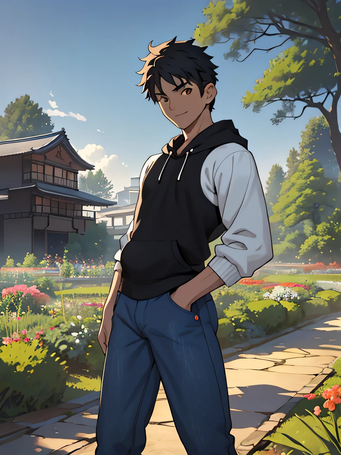 ((masterpiece)), ((best quality)), (ultra-detailed), (((((Garden of Japan house, sunny, Landscape, cowboy shot, fullbodyesbian))))), (8k, ultra-detailed, 1boy, solo, 16 year old boy, Young boy, worm eyes, An innocent, gentle smile, Height: 168cm, 6.5 heads, baby face, ruddy skin, A well-toned body, ((Black Short straight hair))), Vivid colors, ((A loose fitting and The half sleeves plain hoodie), Denim trousers)