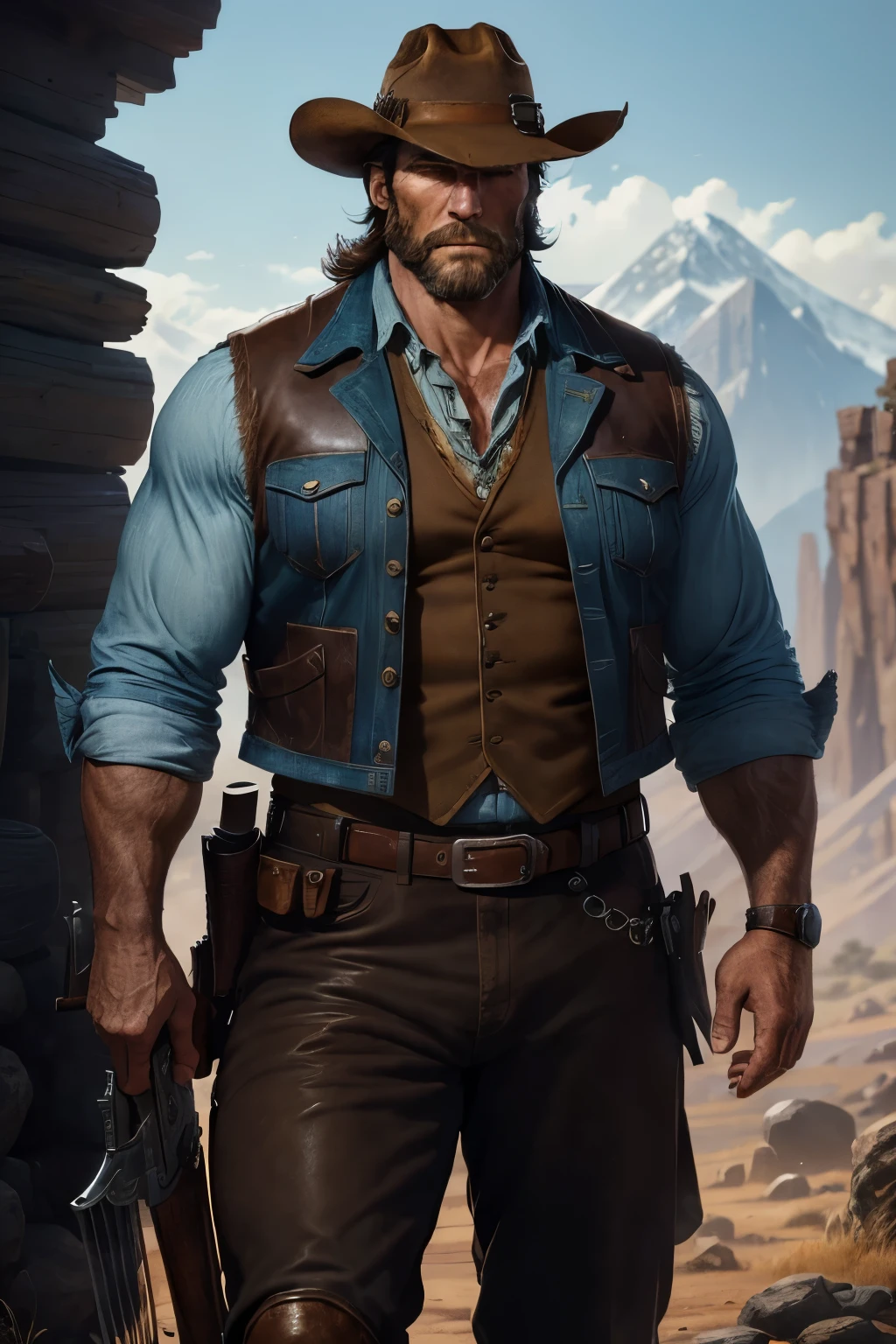 ((Best Quality Portrait)): Clem, a formidable and imposing figure, exudes an aura of resolute strength. His cowboy hat shields a ruggedly handsome face marked by battle scars, the lines etched deeply into his strong jaw and high cheekbones. His light blue shirt, worn but well-loved, contrasts beautifully with his chunky leather vest, both showing signs of wear from years of use. His brown pants are durable and practical, perfect for traversing harsh terrain, and his tall boots have seen their fair share of adventures. Clem is always armed with a Colt 45' revolver, and his serious demeanor and posture convey the seasoned warrior