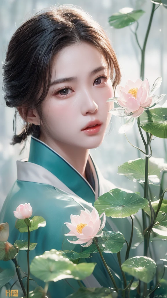 Young men ((Male characteristics)) Highest quality, beautiful eyes, Bright Eyes, Exquisite features, Express嘴唇, Express, Gentle eyes (Chinese painting illustration) (((Clear))) (((artistic conception)) Watercolor long hair tie detail, Hanfu, Ear drops, Eye Light, Long eyelashes, Close-up portrait, Bamboo shadow, Soft Light, Green tint, Warm sunshine, High contrast,Ink Scattering_Chinese, smwuxia Chinese text blood weapon:southwestern, Lotus Leaf, (\shen ming shao nv\)