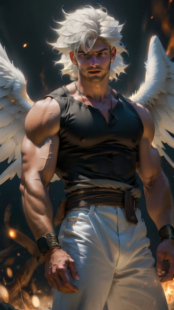 young adult angel tall handsome strong muscular silky white hair wearing a sleeveless tunic being defeated and possessed by a powerful demon
