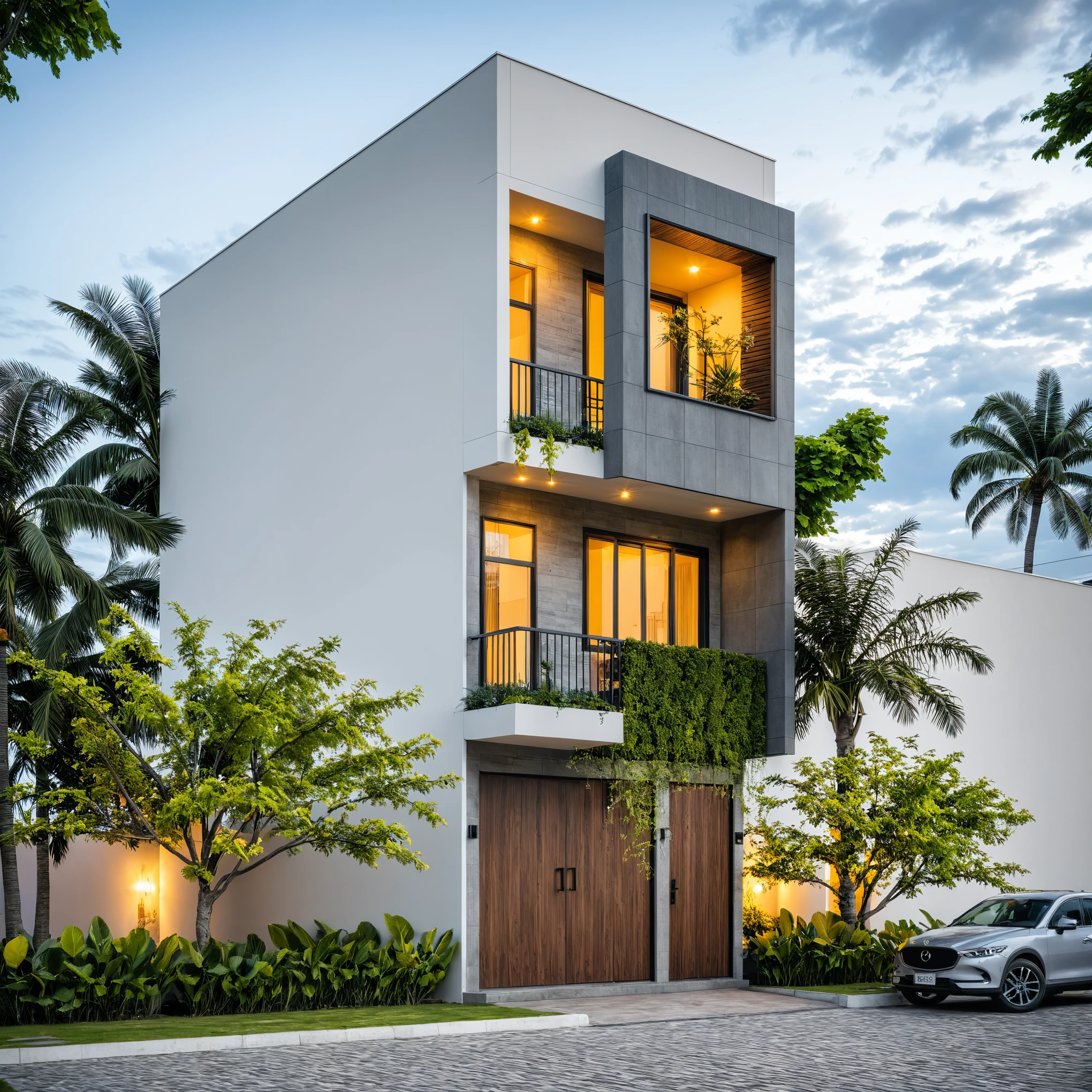 Masterpiece, high-end, best quality, authentic, super detailed, outdoor, aiaigroup, modern 2-storey townhouse, stairs, white walls combined with wood, wind encaustic tiles, iron gate, conwood ceiling, flowers , path, summer evening, grass, trees, sky, clouds, (daylight: 1.1)