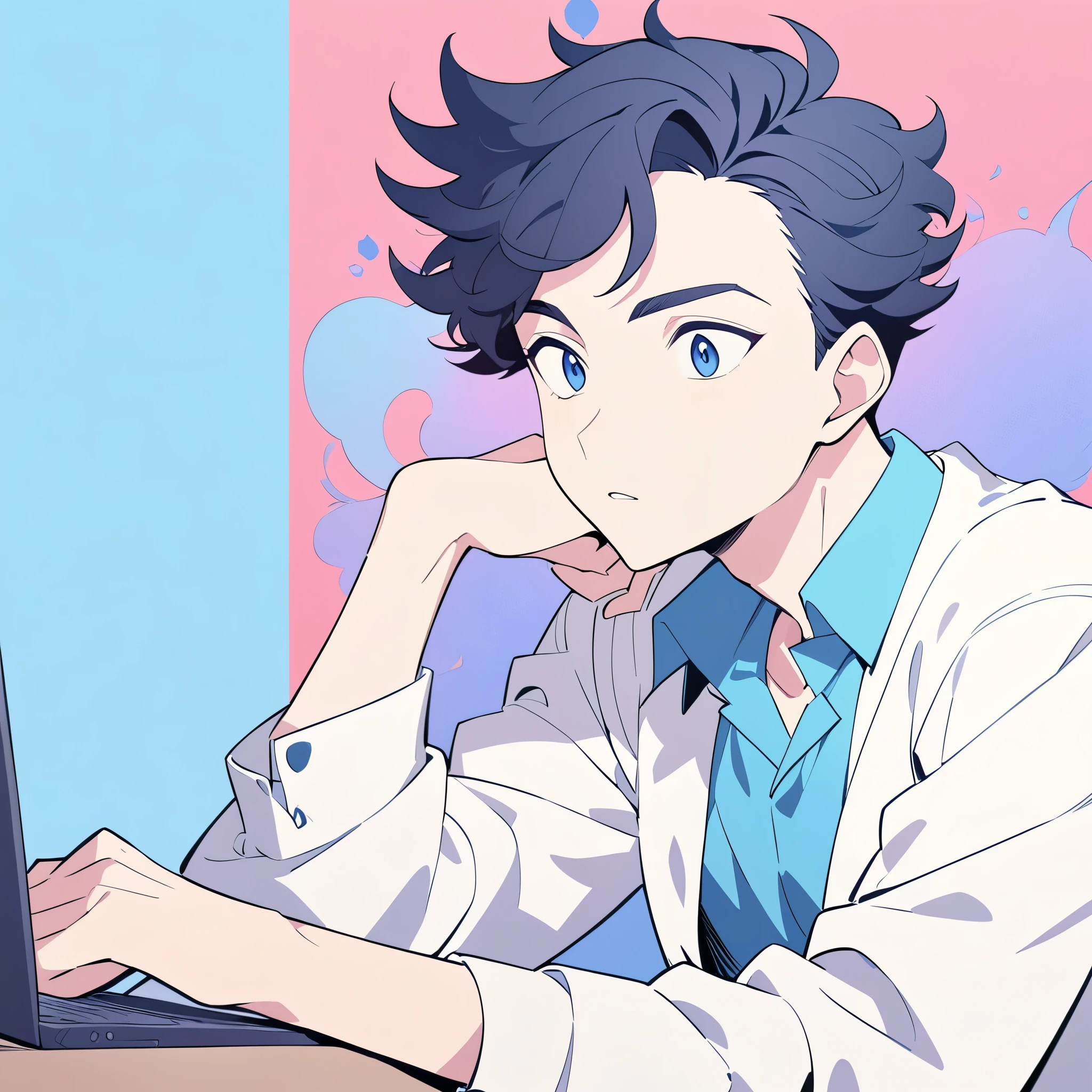 潮流Comic Style,A super cool handsome boy,Working at a desk,Interesting,Comic Style,Solid color background