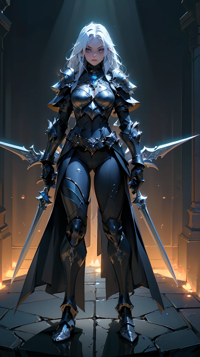 (((masterpiece, best quality, high detailed, 8k))) Design a layout showcase Gaming character, (1girl). Black+Gold armor, stylish and unique. ((showcase weapon:1.4)), dark scythe. (masterpiece:1.2), (best quality), 4k, ultra-detailed. (Step by step design, layout art:1.5), (luminous lighting, atmospheric lighting). necromancer, ((glove full hands)), (((revealing armor:1.3))), vambraces, armored legwear, (((full_body_shot:1.4))). {In a haunted graveyard}.