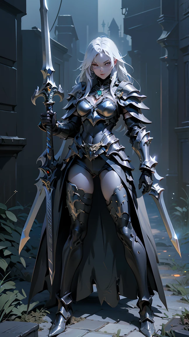 (((masterpiece, best quality, high detailed, 8k))) Design a layout showcase Gaming character, (1girl). Black+Gold armor, stylish and unique. ((showcase weapon:1.4)), dark scythe. (masterpiece:1.2), (best quality), 4k, ultra-detailed. (Step by step design, layout art:1.5), (luminous lighting, atmospheric lighting). necromancer, ((glove full hands)), (((revealing armor:1.3))), vambraces, armored legwear, (((full_body_shot:1.4))). {In a haunted graveyard}.