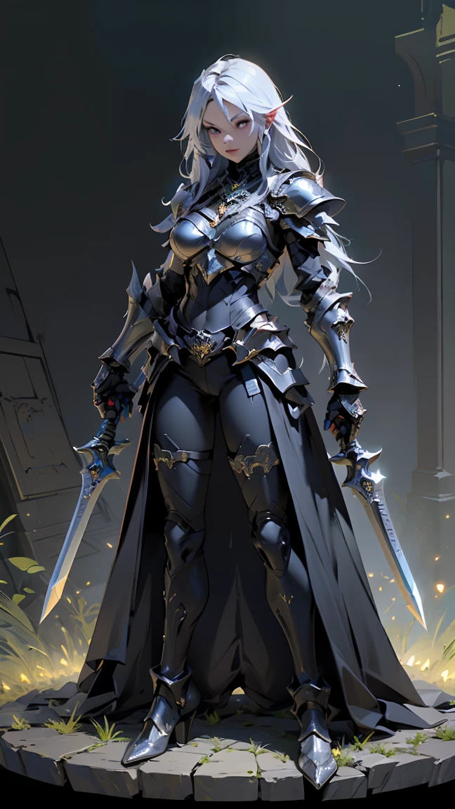 (((masterpiece, best quality, high detailed, 8k))) Design a layout showcase Gaming character, (1girl). Black+Gold armor, stylish and unique. ((showcase weapon:1.4)), dark scythe. (masterpiece:1.2), (best quality), 4k, ultra-detailed. (Step by step design, layout art:1.5), (luminous lighting, atmospheric lighting). necromancer, ((glove full hands)), (((revealing armor:1.3))), vambraces, armored legwear, (((full_body_shot:1.4))). {In a haunted graveyard}.