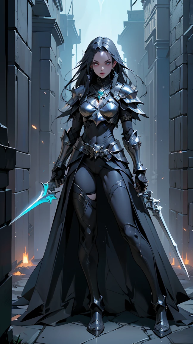 (((masterpiece, best quality, high detailed, 8k))) Design a layout showcase Gaming character, (1girl). Black+Gold armor, stylish and unique. ((showcase weapon:1.4)), dark scythe. (masterpiece:1.2), (best quality), 4k, ultra-detailed. (Step by step design, layout art:1.5), (luminous lighting, atmospheric lighting). necromancer, ((glove full hands)), (((revealing armor:1.3))), vambraces, armored legwear, (((full_body_shot:1.4))). {In a haunted graveyard}.