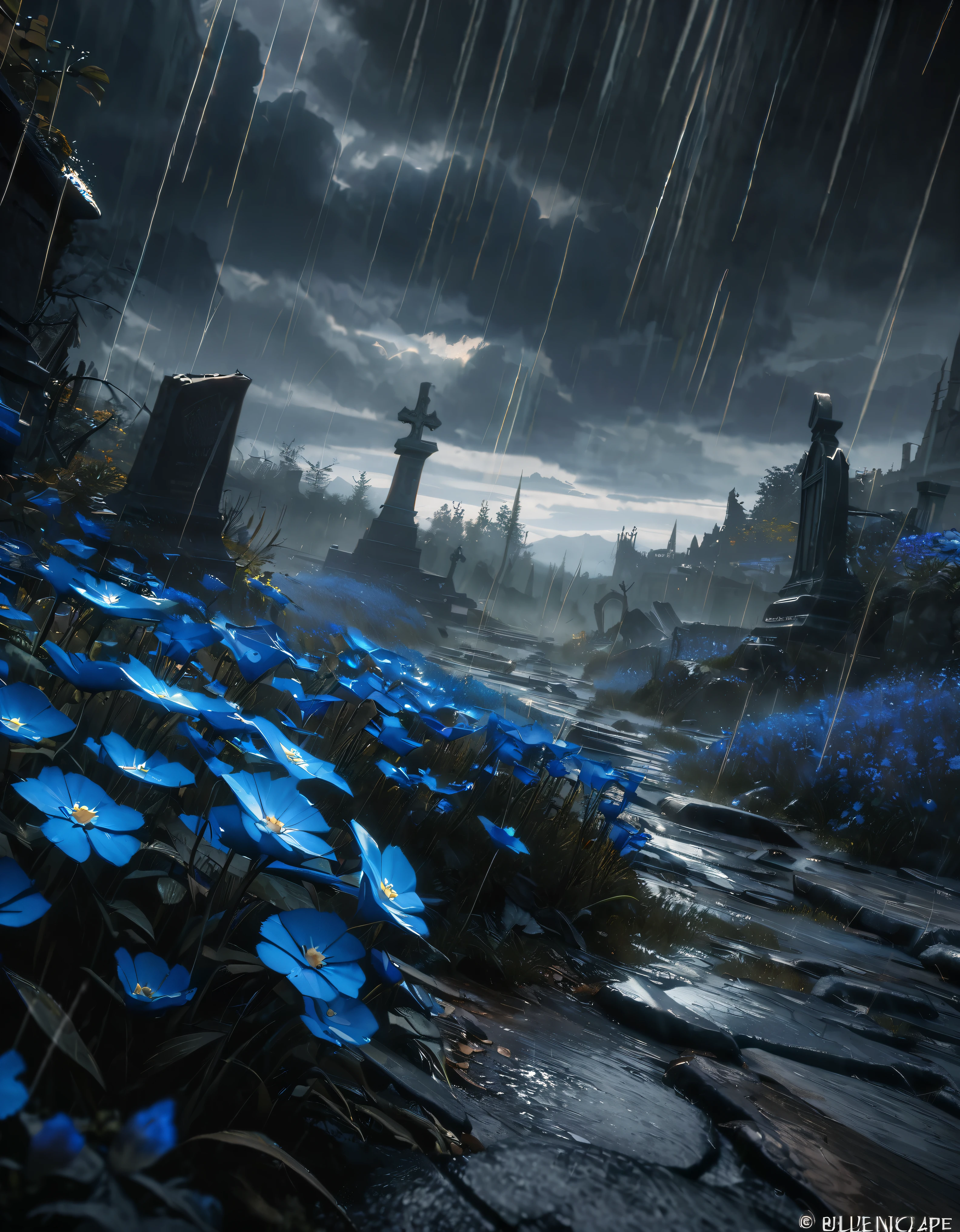 anime scenery, anime aestetics, anime lanscape, a blue field with a sky background, beautiful blue flowers, destroyed tombstones lying around, rain, dark grey clouds, beautiful grey trees, grey and blue coloure, elden ring cinematic lighting, unreal engine fantasy art, dark fantasy, peaceful atmosphere, wide shot, pov, atmospheric perspective, perspective, 4K, 8k, highres, best quality, super detail, masterpiece, award winning
