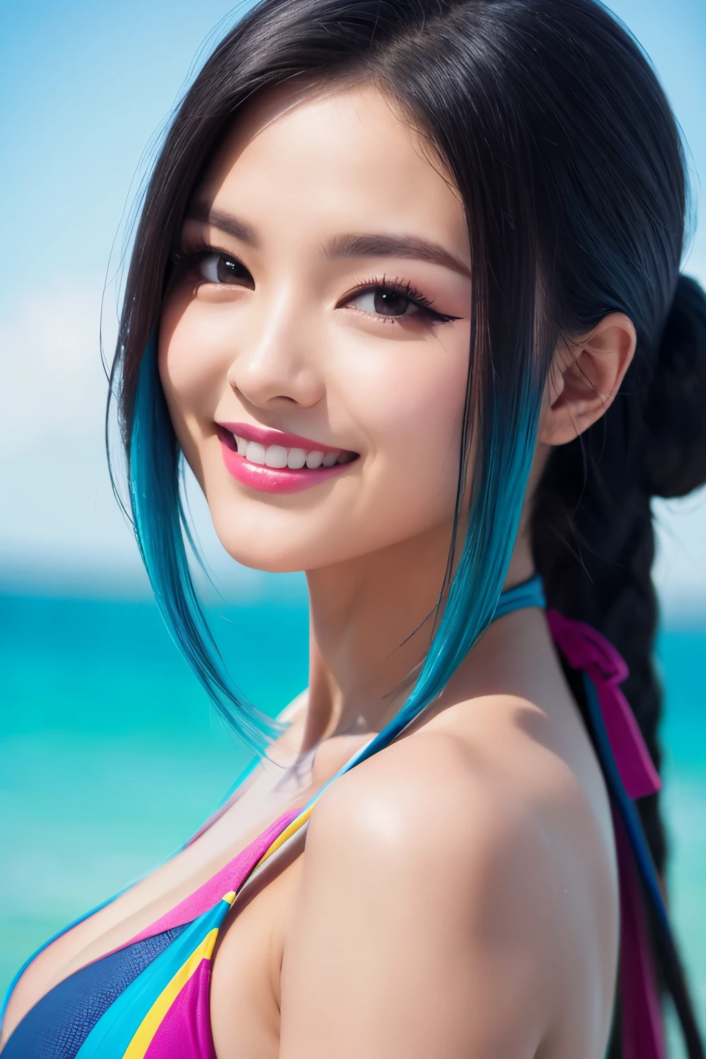 (Swimwear、Rubber material)、high quality, real、High resolution, Realistic、8k、masterpiece, detailed.impressive, Cutting-edge female photography portraits,Showcasing a bold and daring street-art style. Cool smile、Looking at the camera、Facing forward、cyan, and purple, Her vibrant makeup really catches the eye.. Her colorful hair is tied up high,