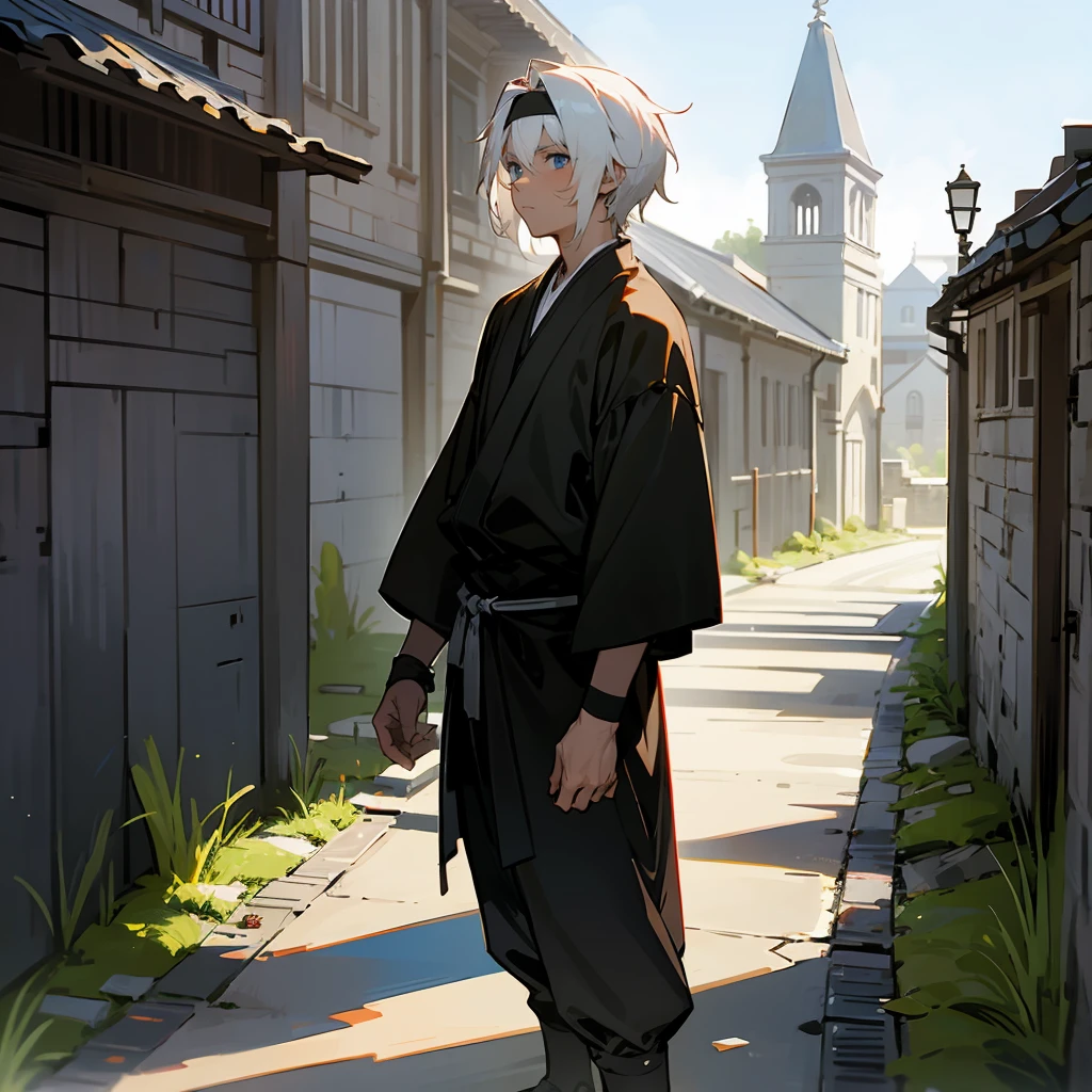 1male, Undercut Hair , Shaggy White Hair , Pale Blue Eyes , Dark Skin , Black Headband , White Ninja Clothing , Calm Expression , Standing On Path , Medieval City Background