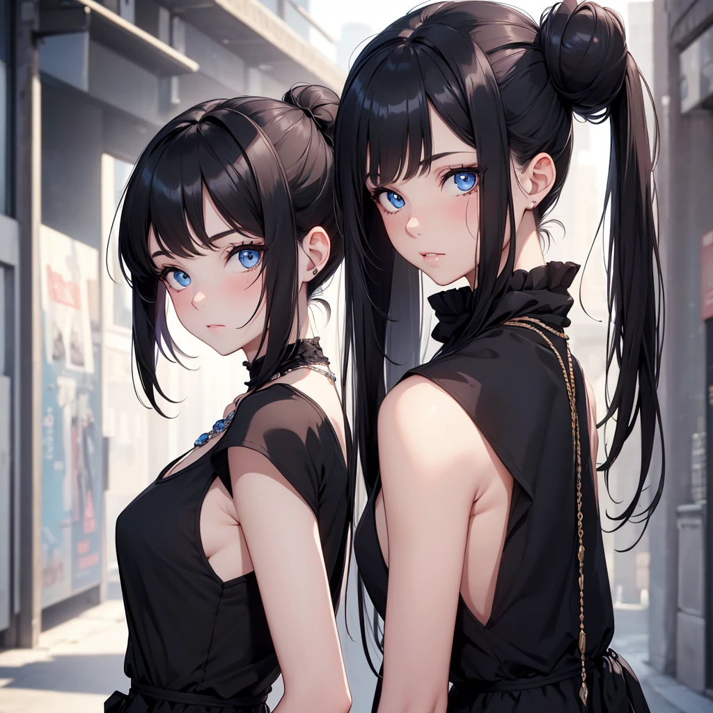(8K, Best Quality, Masterpiece, Ultra High Resolution) 1Girl,18 Years Old, Cute Eyes, Face Details, Blushing, Black Hair, Long Hair, Hair Buns, Blue Eyes, Pale Skin, Skinny, Black Dress, Fitted Necklace, Apartment, Best Quality, Upper Body, Looking at the Viewer, Facing Viewer, Close Up