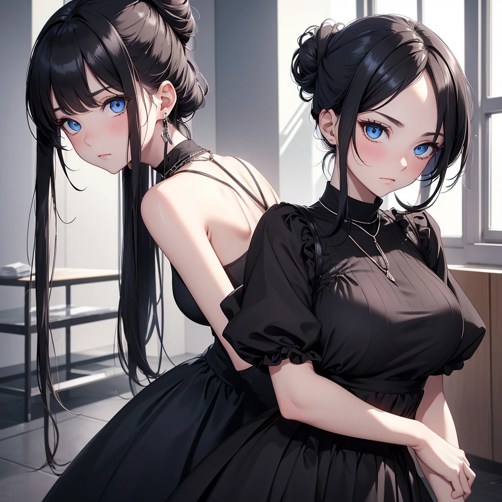 (8K, Best Quality, Masterpiece, Ultra High Resolution) 1Girl,18 Years Old, Cute Eyes, Face Details, Blushing, Black Hair, Long Hair, Hair Buns, Blue Eyes, Pale Skin, Skinny, Black Dress, Fitted Necklace, Apartment, Best Quality, Upper Body, Looking at the Viewer, Facing Viewer, Close Up