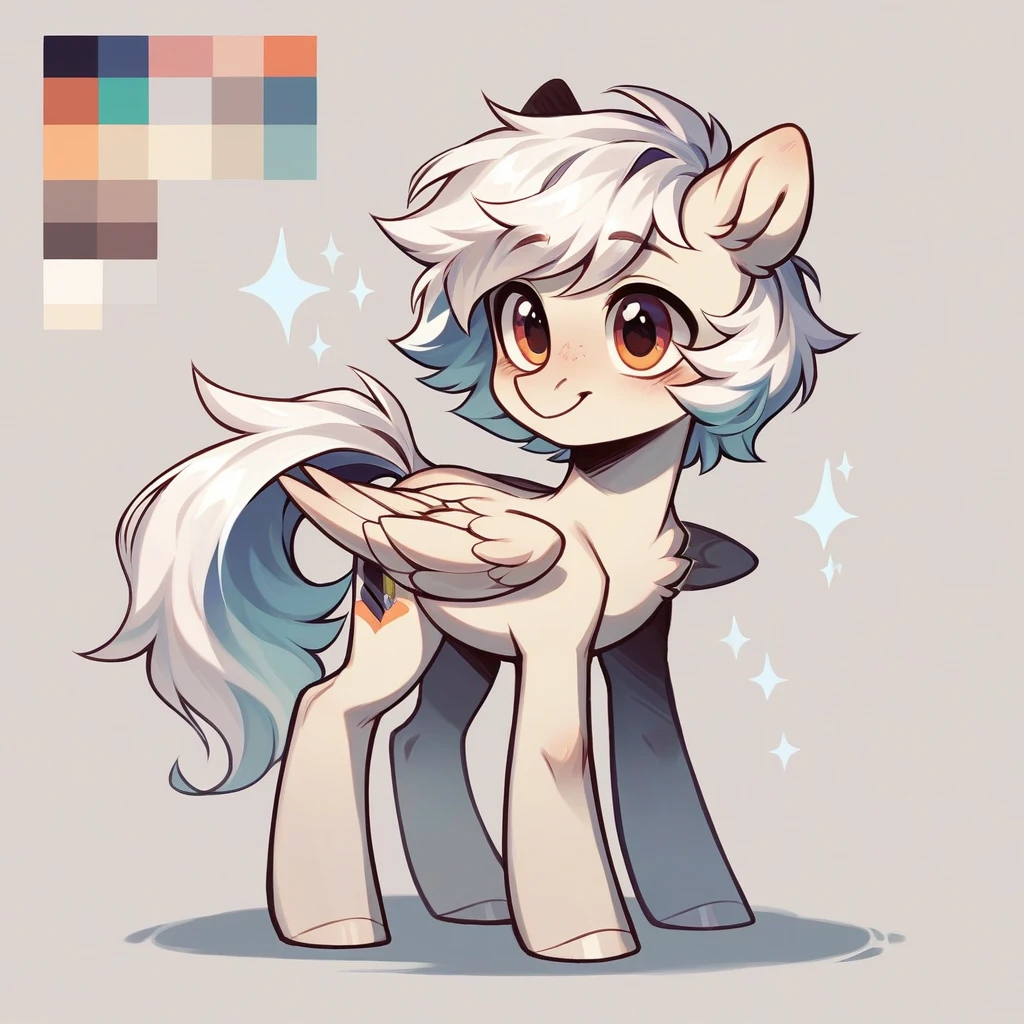 My little pony OC, wild pony, with a diverse color palette, with a cute appearance, male, fully body, wearing a cute outfit, Pegasus, standing alone