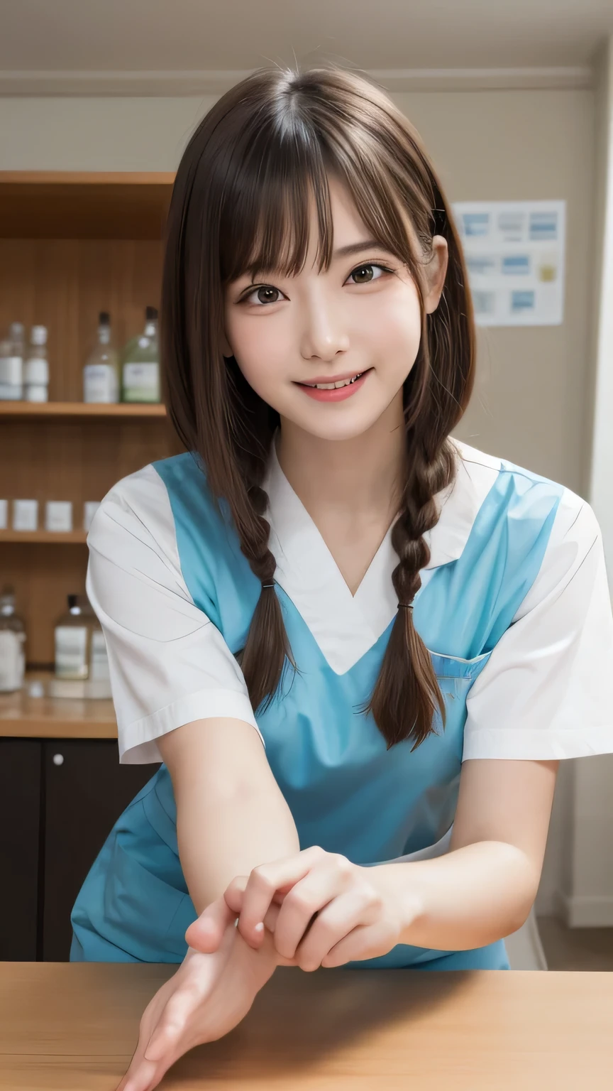 Best picture quality (8k, high resolution, Masterpiece: 1.2), super detailed, 215 Short Hair,Three braids long hair, 26-year-old woman,
Extraordinary beautiful girl、Cute and beautiful face details、(Facing the children_v1:0.008)、
score_9, score_8_upper, score_7_upper,
A nurse prepares medicine in a medicine preparation room: Dividing medicines into pillboxes。
clothing: Green scrub、gloves。
Pause: Dividing up medicine with a serious expression。
Camera angle: From the front desk、A position where the workbench can be seen。
,Active Pause ,
Beside her、The thunder danced。
Focus on the waist above
, random cute pose ,big eyes ,Puffy eyes , Heart Pupil, blush , huge shy smile , salute