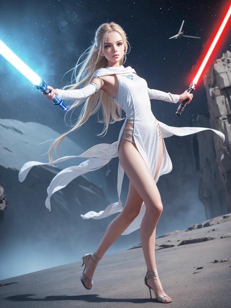 , jedi Girl, Star wars, laser sword in hand,full body picture,, beautyful face, beautyful body, open legs , ,,,thin micro dress, five fingers perfect hands, sharp picture, high quality, ultrarealistic, 3D,