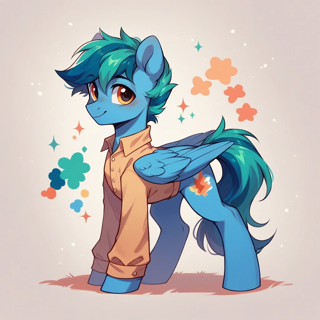 My little pony OC, wild pony, with a diverse color palette, with a cute appearance, male, fully body, wearing a cute outfit, Pegasus, standing alone