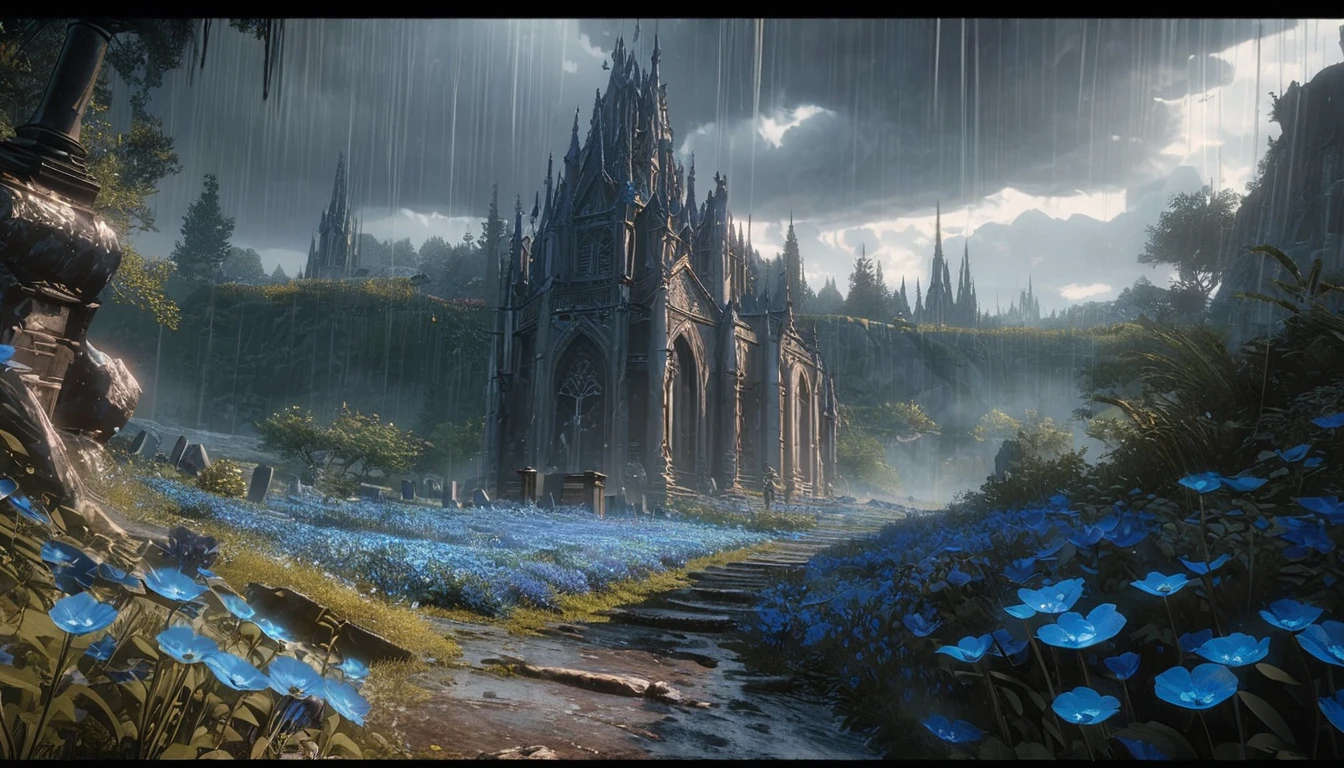 anime scenery, anime aestetics, anime lanscape, a blue field with a sky background, beautiful blue flowers, destroyed tombstones lying around, rain, dark grey clouds, beautiful grey trees, grey and blue coloure, elden ring cinematic lighting, unreal engine fantasy art, dark fantasy, peaceful atmosphere, wide shot, pov, atmospheric perspective, perspective, 4K, 8k, highres, best quality, super detail, masterpiece, award winning