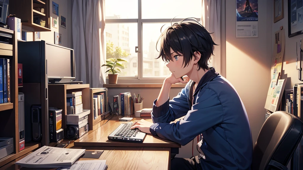 A man around 25 years old in a room at night、A dimly lit, small apartment room at night. Kenji is sitting on his unmade bed, hunched over and intensely focused on his smartphone. The blue glow from the phone screen illuminates his face, highlighting his wide-eyed expression of curiosity and slight nervousness. His messy hair casts subtle shadows on his forehead.
The room around him is cluttered but cozy, with a small desk covered in computer parts and programming books. Posters of anime and video games adorn the walls. A laptop sits open on a nearby table, its screen saver casting a soft light. Empty energy drink cans and snack wrappers are scattered about, suggesting long nights of coding