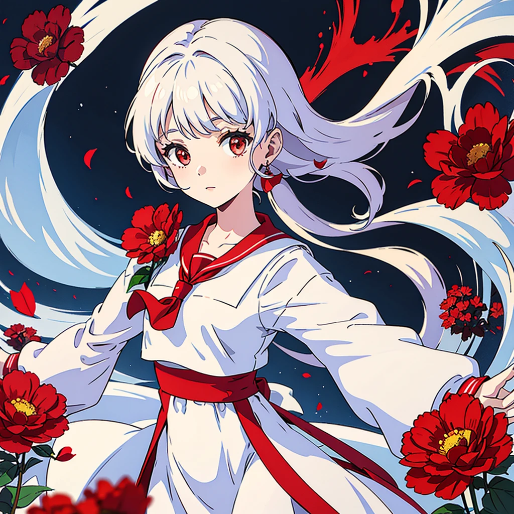 Red flower, woman in white dress, solo, sailor suit