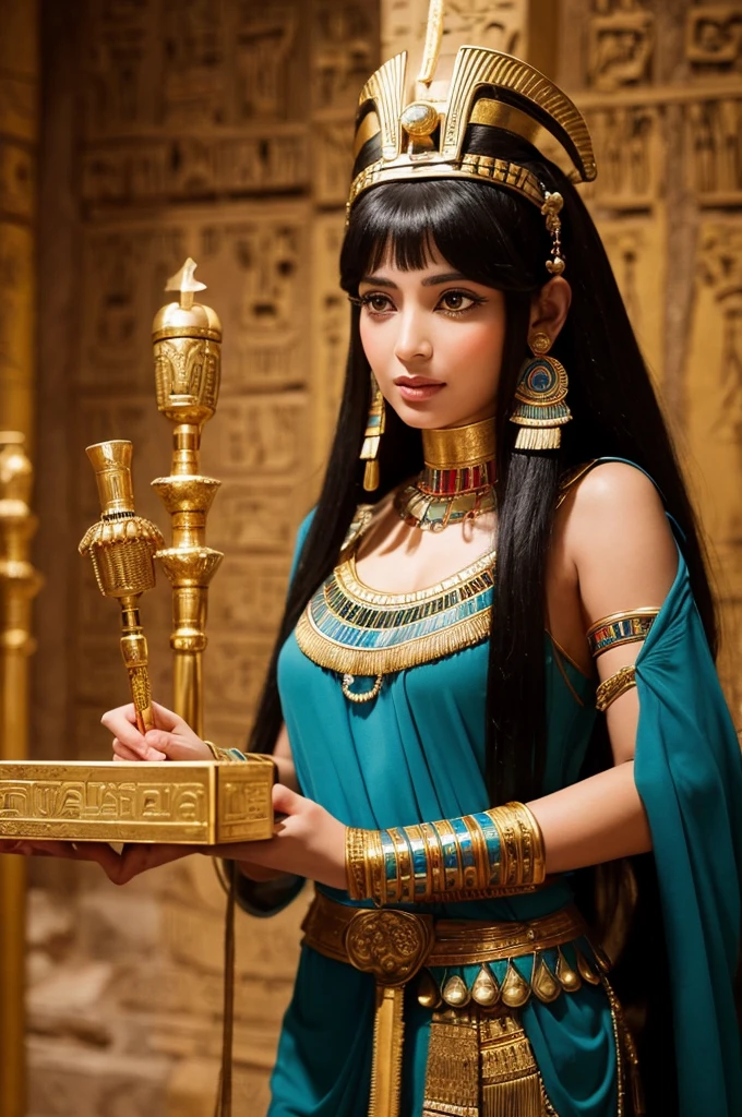 In a luxurious room of an ancient Egyptian palace, Cleopatra is depicted speaking multiple languages. She is adorned in opulent attire, surrounded by Egyptian scholars and diplomatic envoys. The background features scrolls and stone tablets inscribed with ancient languages, showcasing Cleopatra’s confident expression as she converses fluently