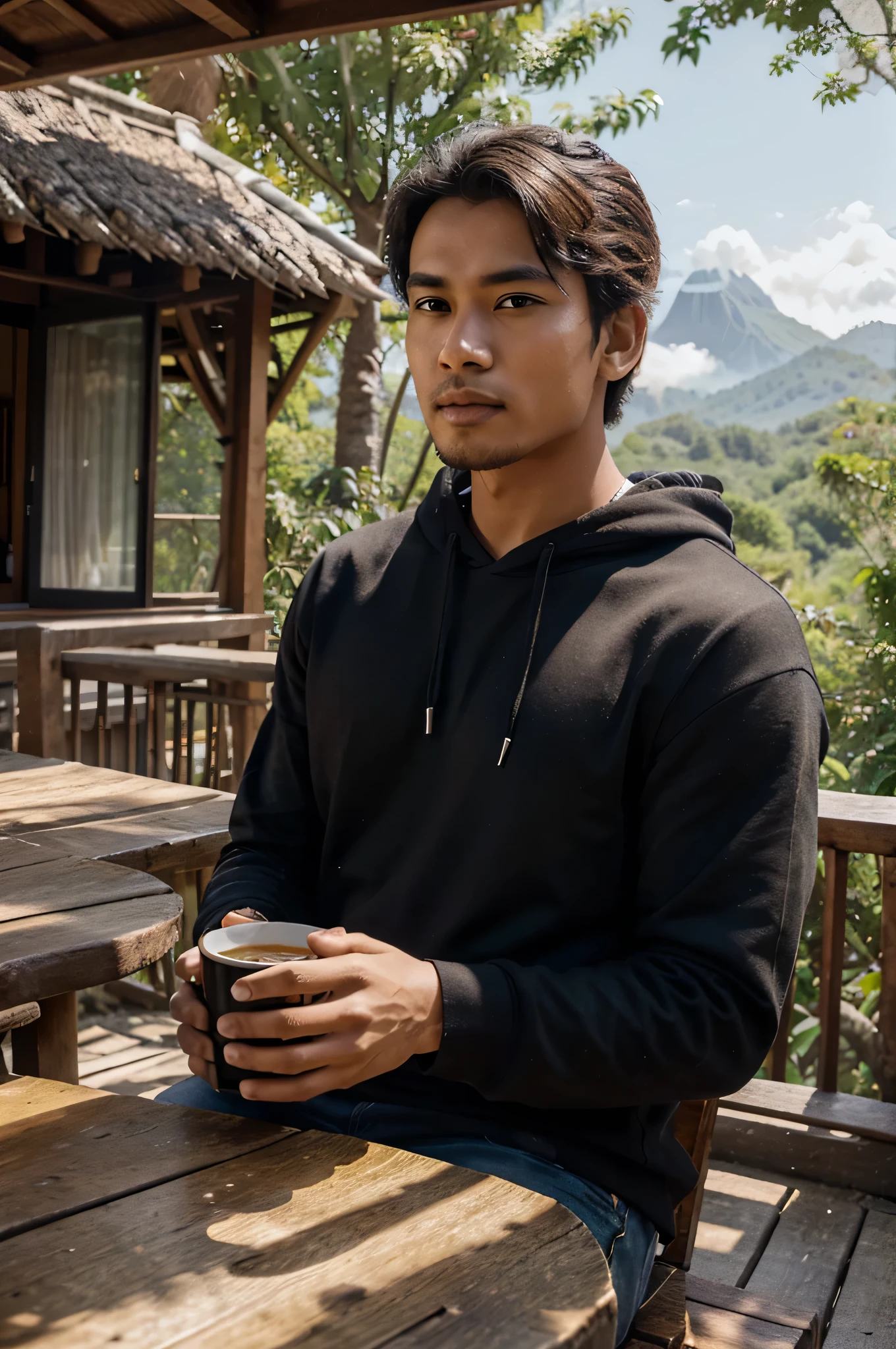 Create a stunning scene in super HD quality, depicting a 25-year-old Indonesia hansome man, wearing a black hoodie with an aesthetic image of a mountain. He sits on the terrace of a treehouse, enjoying a cup of coffee on a wooden table against a backdrop of stunning mountains, waterfalls, and flocks of fluttering birds and perching in the trees under the warm light of the bright morning sun.