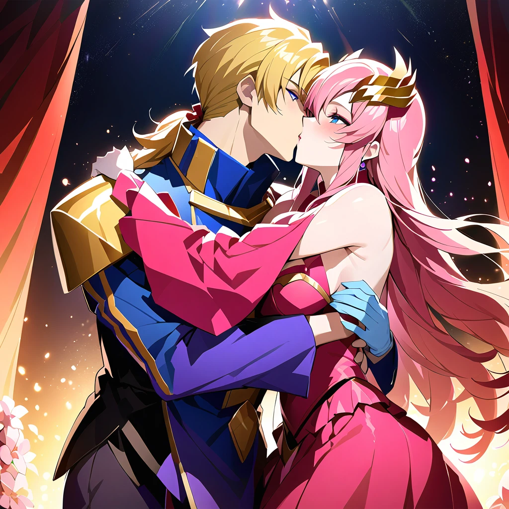 ((Highest quality)), ((masterpiece)), (detailed), (Perfect Face)、The woman is Lacus Clyne, with blue eyes, medium-long pink hair, a hair accessory, and an engagement ring. She is the beloved wife of Orpheus Ram Tao and the queen of the Foundation.、King Orpheus and Queen Lacus embracing and kissing as they make love on a luxurious throne、The woman embraces and kisses her beloved husband, Orpheus, the great king of mankind.、Orpheus is a handsome blonde with long hair who embraces a woman, kisses her, and makes love to her. The king and queen are making love.