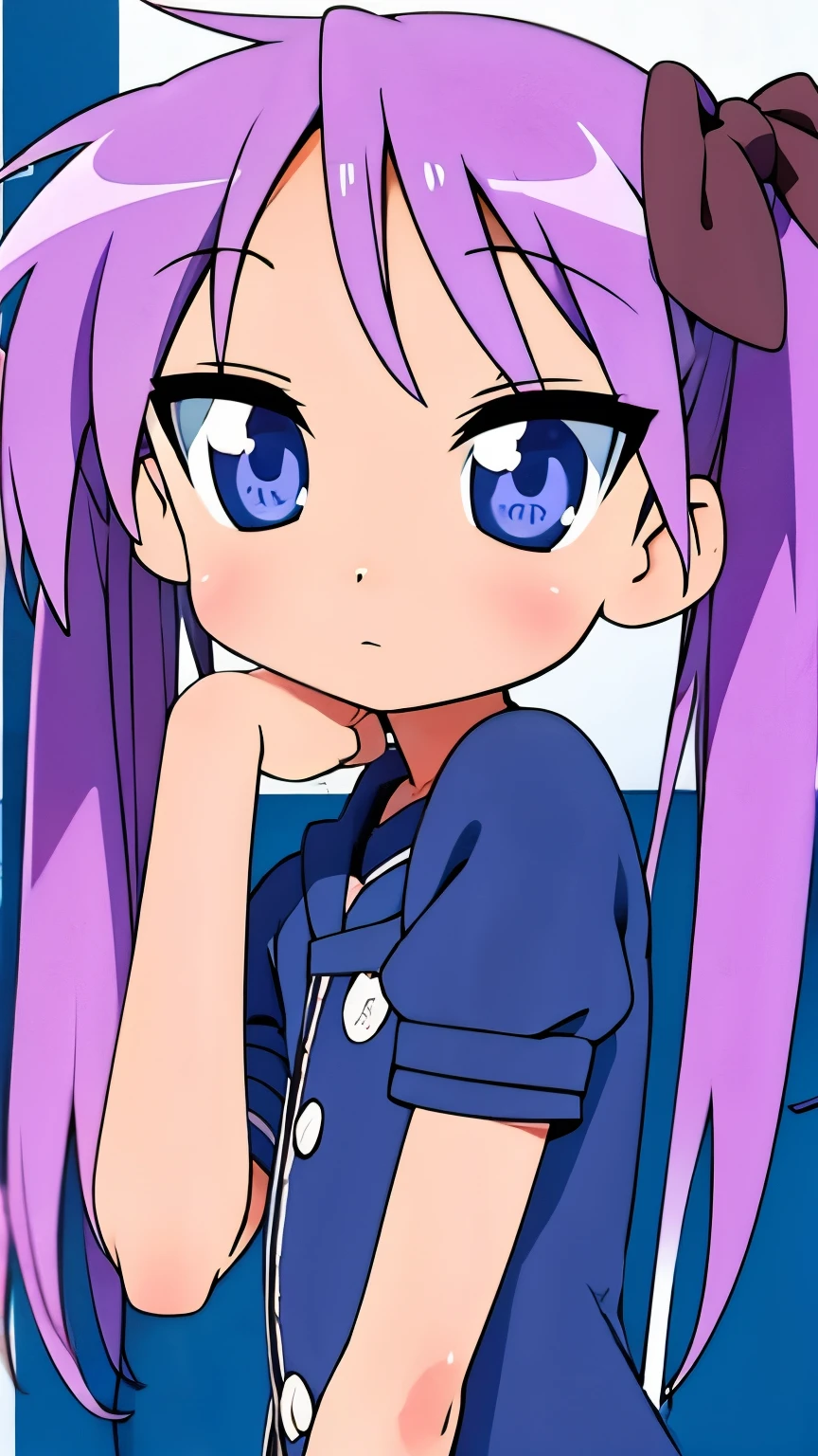 Anime Femboy, Fine skin, cute, (masterpiece, highest quality, 8K ultra-high resolution:1.4), beautiful detailed eyes, ultra-detailed, drsizukachan1, 
Standing, front view,
kagami hiiragi, Twin tails, purple hair,
(Completely naked), pussy line, ((no constriction, Dim body)), 
((Femboy)), oto ko no ko, a feminine boy,