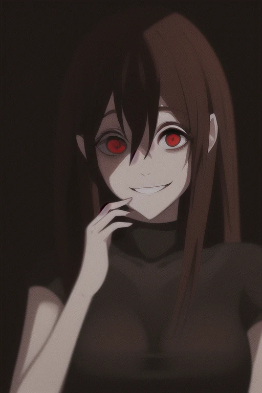 masterpiece, best quality, (crazy eyes:1.2), (crazy smile:1.15), (shaded face:1.15), mature female, dark, dark background, yandere, yandere trance, empty eyes, red eyes, half-closed eyes, wide-eyed, film grain, brown hair, long hair