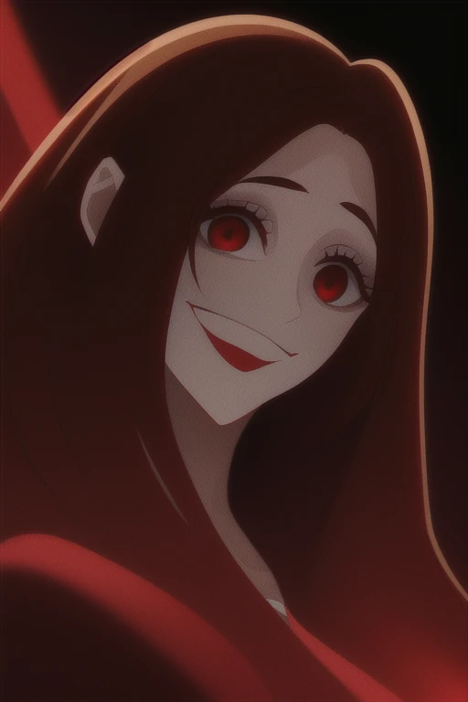 masterpiece, best quality, (crazy eyes:1.2), (crazy smile:1.15), (shaded face:1.15), mature female, dark, dark background, yandere, yandere trance, empty eyes, red eyes, half-closed eyes, wide-eyed, film grain, brown hair, long hair