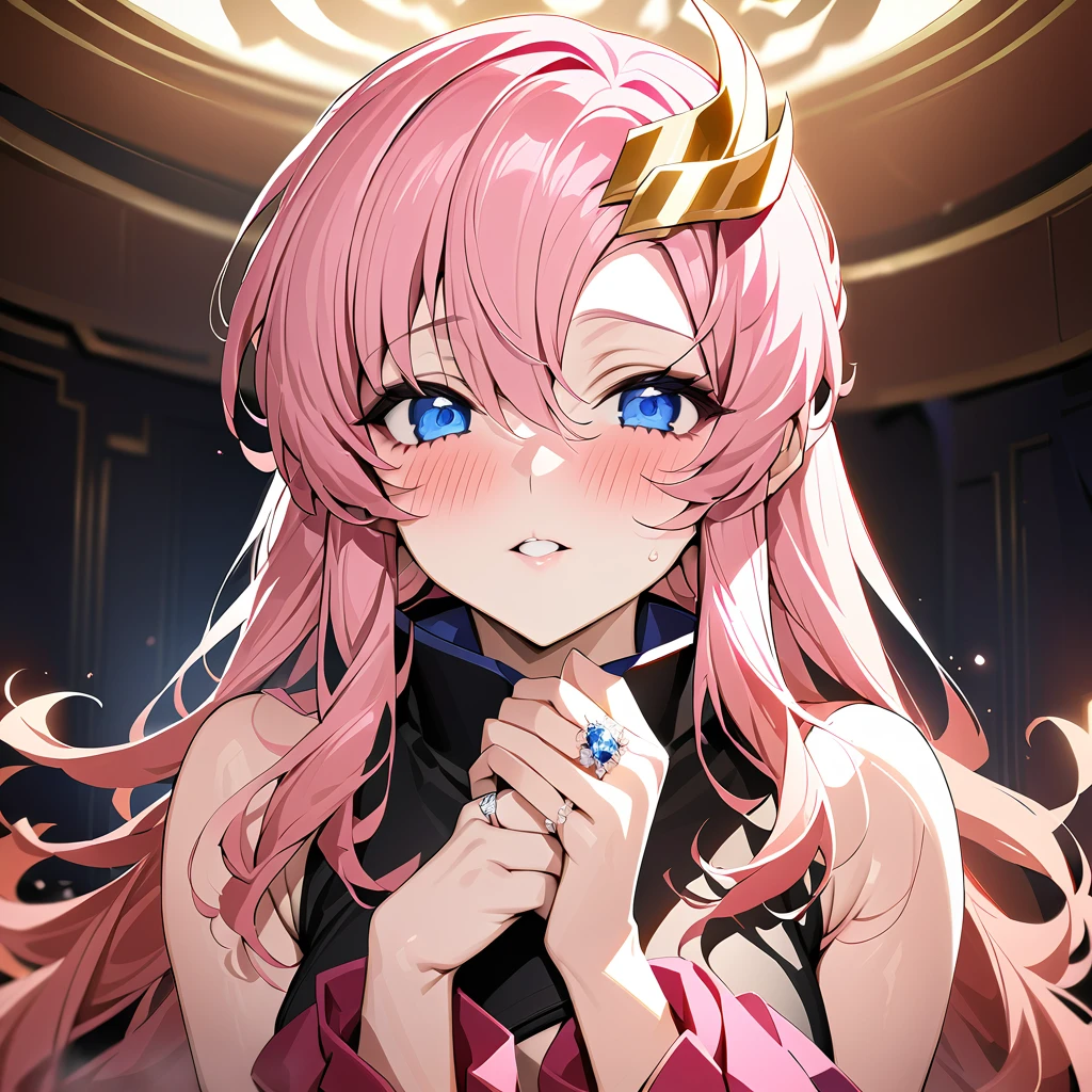 ((Highest quality)), ((masterpiece)), (detailed), （Perfect Face）、The woman is Lacus Clyne, with blue eyes, medium-long pink hair, a hair accessory, and an engagement ring. She is the beloved wife of Orpheus Ram Tao and the queen of the Foundation.