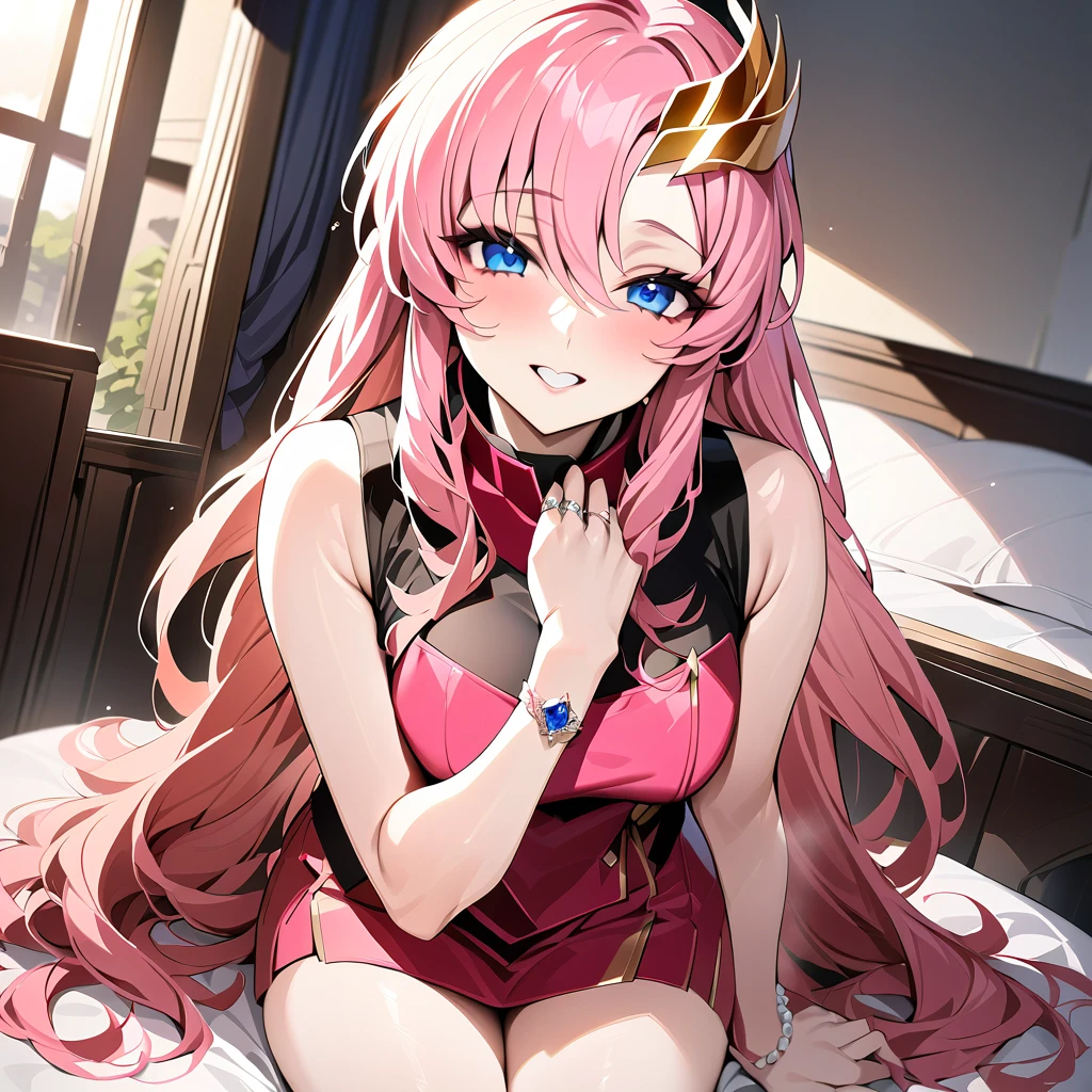 ((Highest quality)), ((masterpiece)), (detailed), （Perfect Face）、The woman is Lacus Clyne, with blue eyes, medium-long pink hair, a hair accessory, and an engagement ring. She is the beloved wife of Orpheus Ram Tao and the queen of the Foundation.