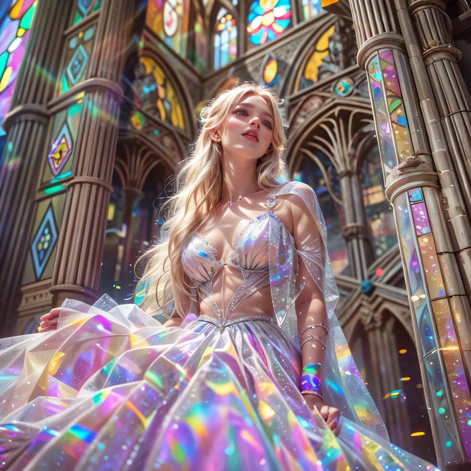(Cathedral from below:1.28) (BokeH ZoomLayer) TopQuality 8K masterpiece of ((Professional photo)), (((Clarisse de Cagliostro))) (Detailed White WeddingDresses), Chain, (CloseUp of (Extremely detailed (KAWAII face))) {((VeiledFace))|BlondeHair|(Elaborate BuleEyes)with(SparklingHighlights:1.28)}, The background is distant (((Elaborate stained glass))) Rainbow Glass, {(MysticSight)|EnchantingAtmosphere|Haze|(GodRays)|TyndallEffect}, Radiant PearlSkin with Transparency, (Exposed:0.39), BluB