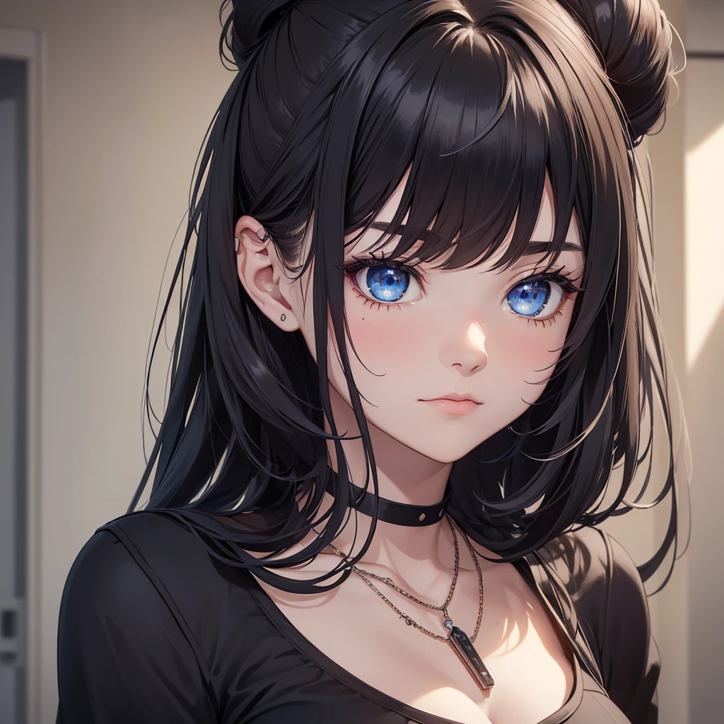 (8K, Best Quality, Masterpiece, Ultra High Resolution) Single Girl, 1 Girl,18 Years Old, Cute Eyes, Face Details, Blushing, Black Hair, Long Hair, Hair Buns, Blue Eyes, Pale Skin, Skinny, Black Dress, Fitted Necklace, Apartment, Best Quality, Upper Body, Looking at the Viewer, Facing Viewer, Close Up