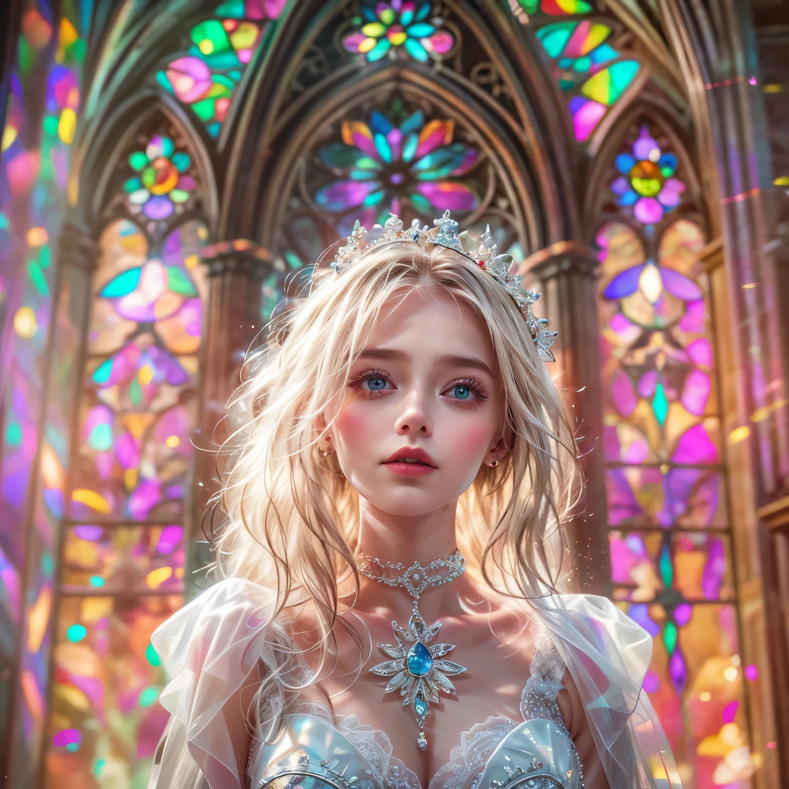 (Cathedral from below:1.28) (BokeH ZoomLayer) TopQuality 8K masterpiece of ((Professional photo)), (((Clarisse de Cagliostro))) (Detailed White WeddingDresses), Chain, (CloseUp of (Extremely detailed (KAWAII face))) {((VeiledFace))|BlondeHair|(Elaborate BuleEyes)with(SparklingHighlights:1.28)}, The background is distant (((Elaborate stained glass))) Rainbow Glass, {(MysticSight)|EnchantingAtmosphere|Haze|(GodRays)|TyndallEffect}, Radiant PearlSkin with Transparency, (Exposed:0.39), BluB
