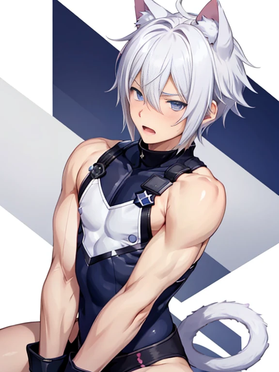 ****ung person,alone,18-year-old,male,Shocked facial expression,blush,good looking,White hair Blue eyes,Purple eyes, Cat ear　Side view　Kneeled　Open your mouth and scream　suffer　Sleeveless, wistful expression　Exposure to electricity　Get it　Thick tail　Upper body naked　Raised to be sexy