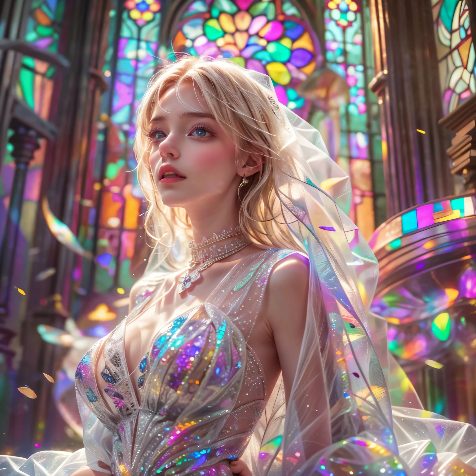 (Cathedral from below:1.28)  (BokeH ZoomLayer) TopQuality 8K masterpiece of ((Professional photo)), (((Clarisse de Cagliostro))) (Detailed White WeddingDresses), Chain, (CloseUp of (Extremely detailed (KAWAII face))) {((VeiledFace))|BlondeHair|(Elaborate BuleEyes)with(SparklingHighlights:1.28)}, The background is distant (((Elaborate stained glass))) Rainbow Glass, {(MysticSight)|EnchantingAtmosphere|Haze|(GodRays)|TyndallEffect}, Radiant PearlSkin with Transparency, (Exposed:0.39), BluB