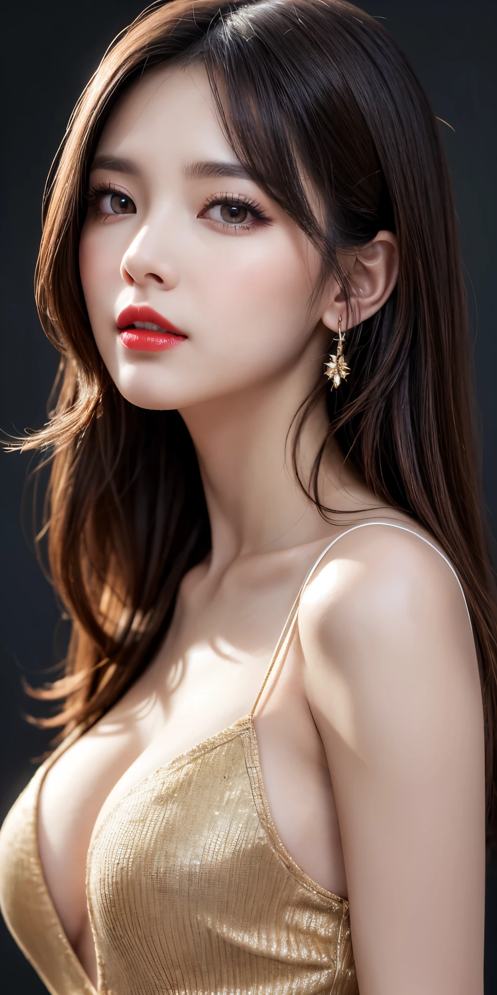 (8k, Ultra-high resolution, The best masterpiece, best quality:1.2), Very detailed, Complete Solution, (actual, actual photo: 1.37), portrait, Half Body, focus on eyes, HD RAW photos, career arrest, High quality and beautiful, 超高清 8k 影像照片, Volumetric lighting, Soft Light, confess, Professional photography, Very detailed的美麗女孩, Super delicate face shape, Contoured eyes, (Very detailed eyes), Precisely shaped nose, expressive lips, Delicate skin, (HD Skin:1.2), Neatly contoured fingers, Every feature is carefully displayed, a story, (20:1.2), Twenty generations, cute girl, young mother, Beautiful mature lady, brown hair, long, straight hair, sparkling amber eyes, red lips, Eye makeup, Cleavage, Stylish casual wear, perfect anatomy, Detailed background, HD background without blur, particle, actual, stunning details, 8k Ultra HD, high quality, CG unity, C4D Rendering, 3D Rendering