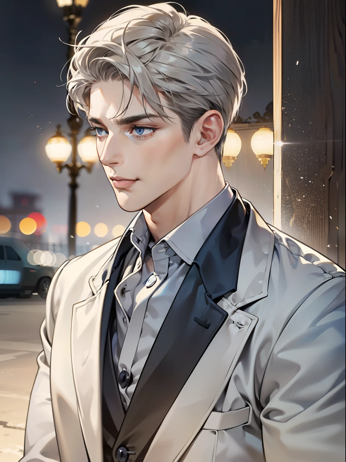 masterpiece, best quality, realistic, 1man, mature male, quiet and charming young man, 41 year old, serious look, closed mouth, portrait, extremely detailed face, cold smile, ((dark grey blue eyes)), ((short-right-swept dark white hair)), [thick eyebrows], ((suit)), handsome, full body, western, Jewish, light brown skin,