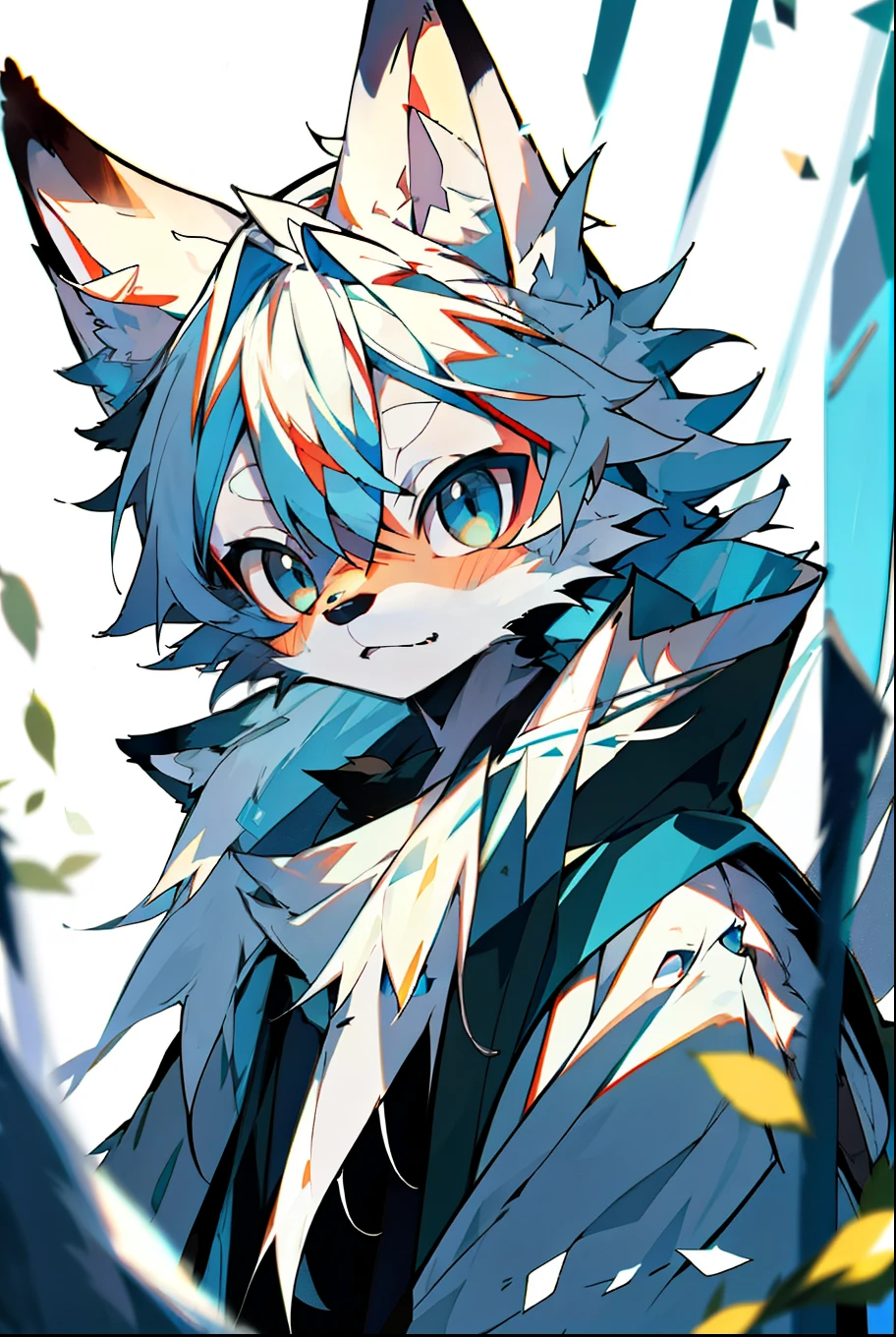 Depth of Field，Perfect lighting，Light Particles，（best quality），（Top quality）（masterpiece），（Extremely detailed），arctic fox，blue fur，White ears，concentrated，Sharp eyes，blue eyes，hairy，Common，Blue Fox，blue，hairy，Blue and white tail，Long Tail，White hair，front，Upper Body