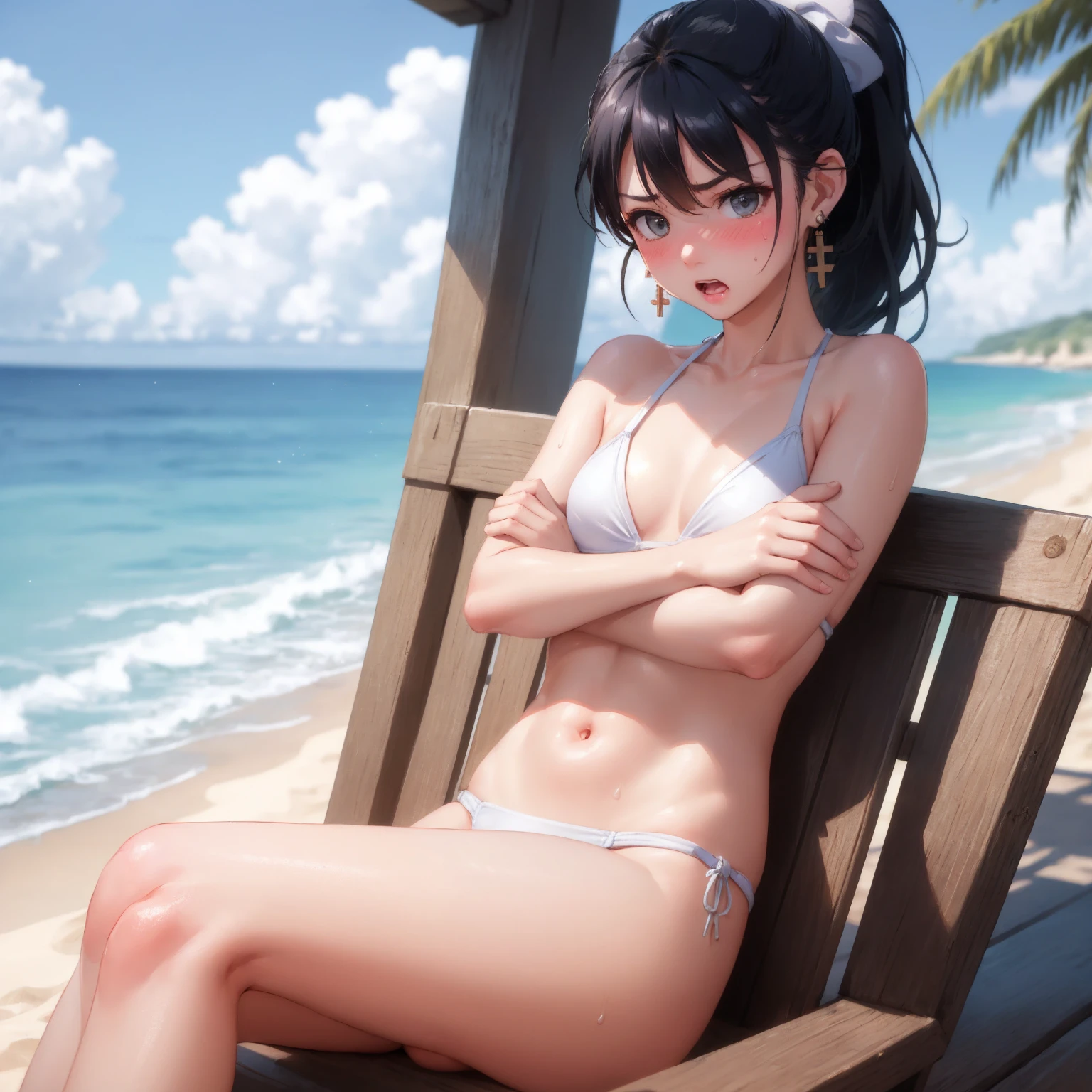 masterpiece、Highest quality、Earrings、White bikini swimsuit、Black Hair、Small breasts、girl、One person、Upper Body、hot、Sweat a lot、Sitting、ponytail、looking at the camera、Ocean、Beach、blush、Embarrassing、Angry、Cross your arms