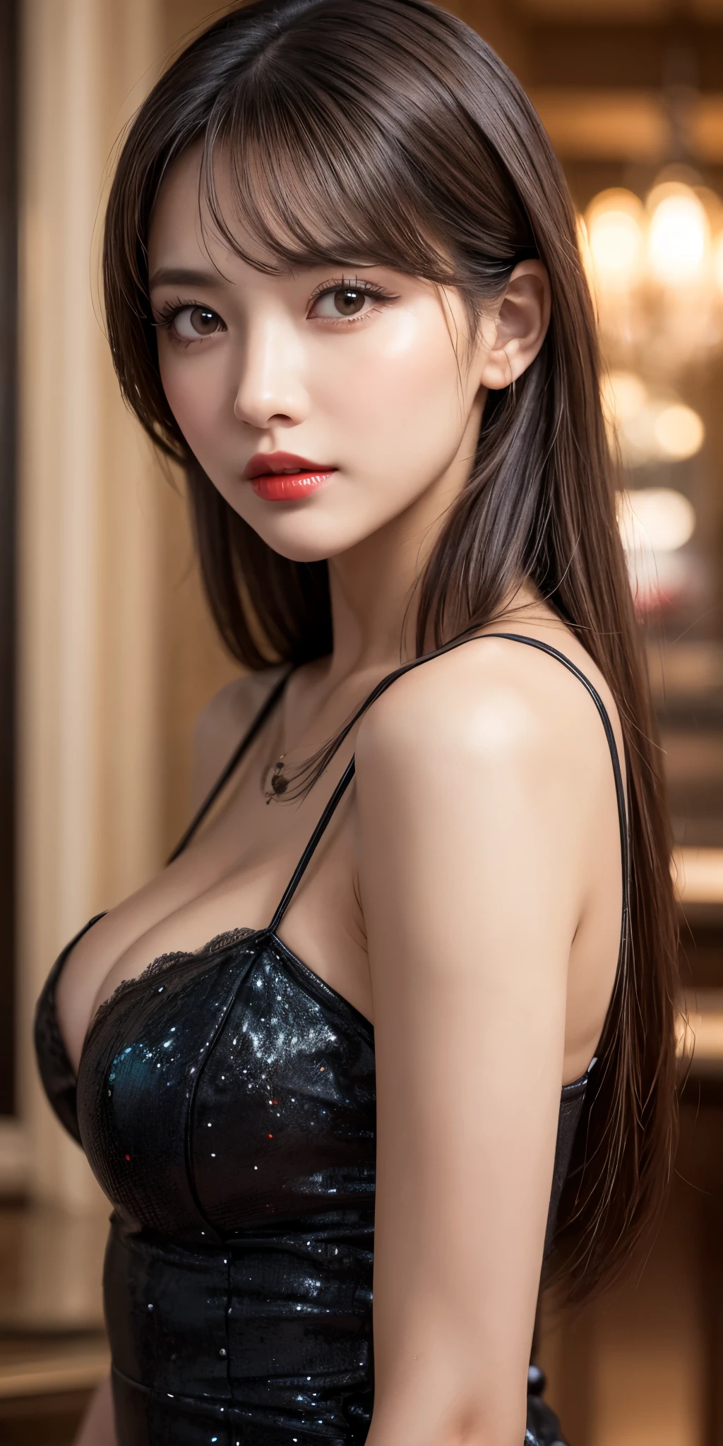 (8k, Ultra-high resolution, The best masterpiece, best quality:1.2), Very detailed, Complete Solution, (actual, actual photo: 1.37), portrait, Half Body, focus on eyes, HD RAW photos, career arrest, High quality and beautiful, 超高清 8k 影像照片, Volumetric lighting, Soft Light, confess, Professional photography, Very detailed的美麗女孩, Super delicate face shape, Contoured eyes, (Very detailed eyes), Precisely shaped nose, expressive lips, Delicate skin, (HD Skin:1.2), Neatly contoured fingers, Every feature is carefully displayed, a story, (20:1.2), Twenty generations, cute girl, young mother, Beautiful mature lady, brown hair, long, straight hair, sparkling amber eyes, red lips, Cleavage, Stylish clothing, perfect anatomy, Detailed background, HD background without blur, particle, actual, stunning details, 8k Ultra HD, high quality, CG unity, C4D Rendering, 3D Rendering