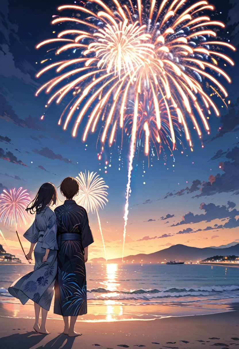 Yukata robes and fireworks　Seaside