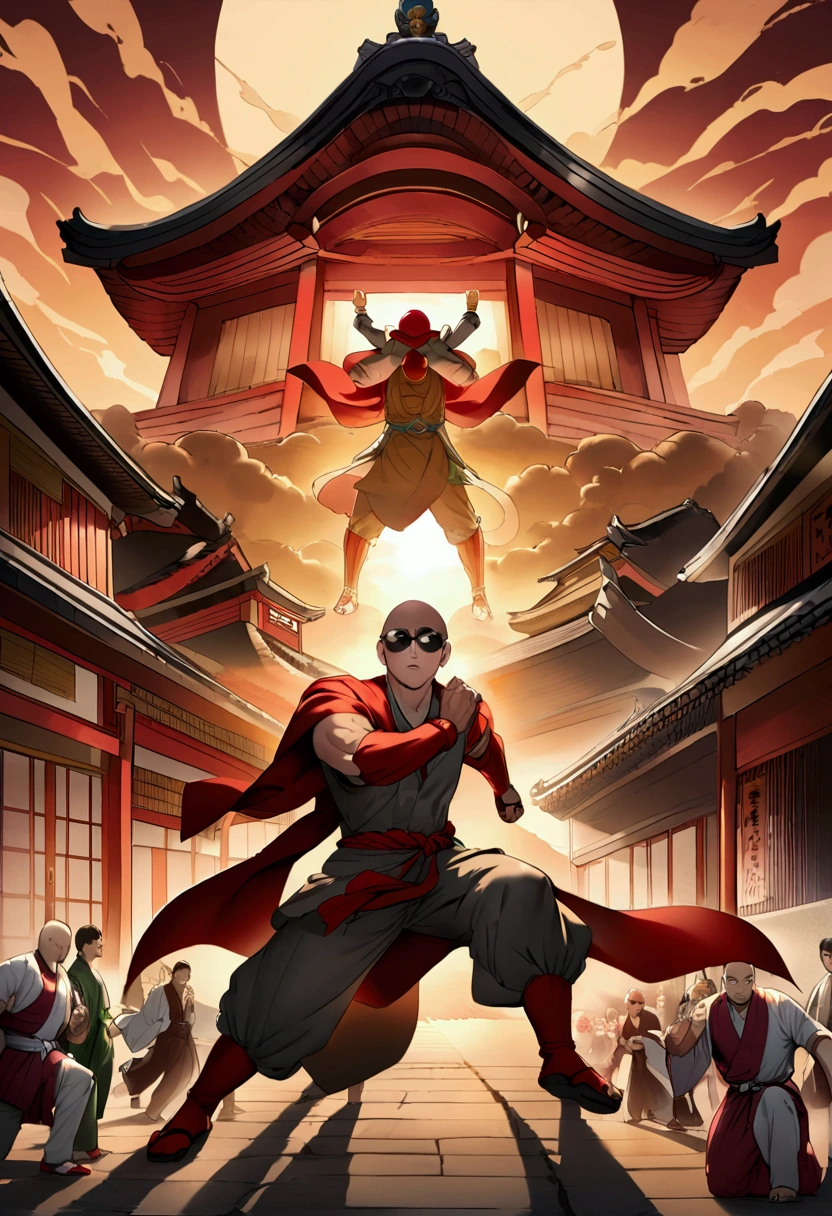 Japanese monk、Small、Round sunglasseuscular、Fight evil、Hero of Justice、One Punch Man、Japanese Temple