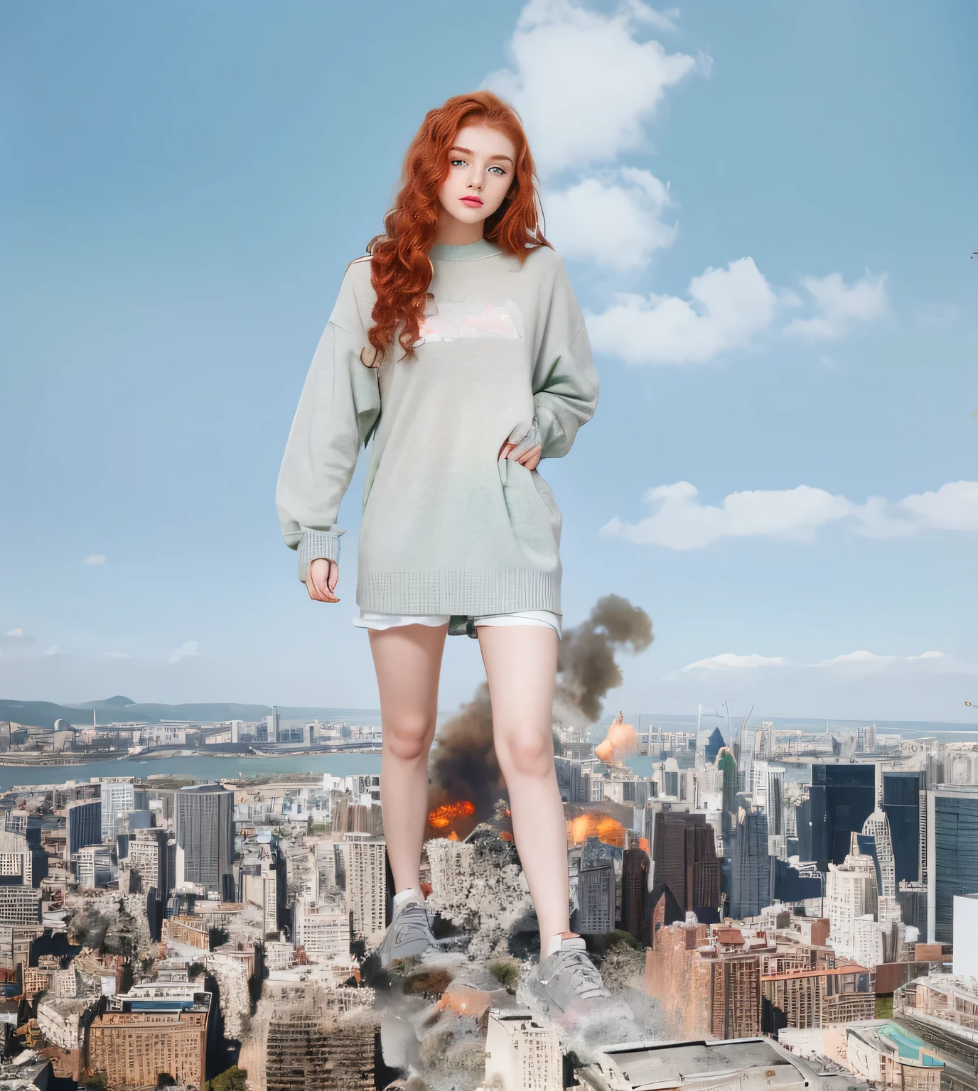 one woman, natural irish red hair, curly hair, cute 18 years old, natural makeup, freckles, green eyes, european girl，mega giantess, standing, sneakers, jeans, sweater, skyscrapers, city destruction, collapsing buildings, fire, smoke, explosions, dust explosions, gray tint, clear sky