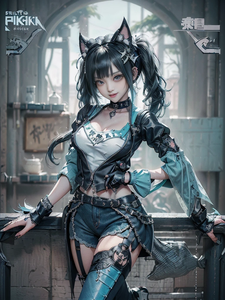 (Full Body View:1.4)、(Full body view:1.4)、(Smiling with teeth showing:1.3),(Shibuya Gal:1.5)、(Maid café clerk:1.5)、(Punk RockVisual Kei:1.4)、(Turquoise, navy and denim medieval noble zip up:1.5)、(Navy and white arm covers and bugle pants:1.5)、(Blue high heels:1.3)、(Wearing silver accessories:1.5)、(Dark brown collar:1.4)、(Leather garter belt:1.4)、(Brown Skin Belt:1.3)、(Black lace underwear:1.5)、20-year-old、NSFW、((Highest quality、In 8K、masterpiece:1.3))、Sharp focus:1.2、(Layered Cut、Huge boobs:1.1),Beautiful woman with perfect figure:1.4、(Doing an aerobics pose:1.3)、Slender Abs:1.2、Highly detailed face and skin texture、Detailed eyes、double eyelid,(Twin tails:1.3)、(Black Hair:1.3)、Gravure idol、(A fairytale-like cafe with a lush tree background:1.3)、(Slim Body:1.3),(Make your legs thinner:1.4),(Thin, thin thighs:1.3)、(clavicle:1.1)