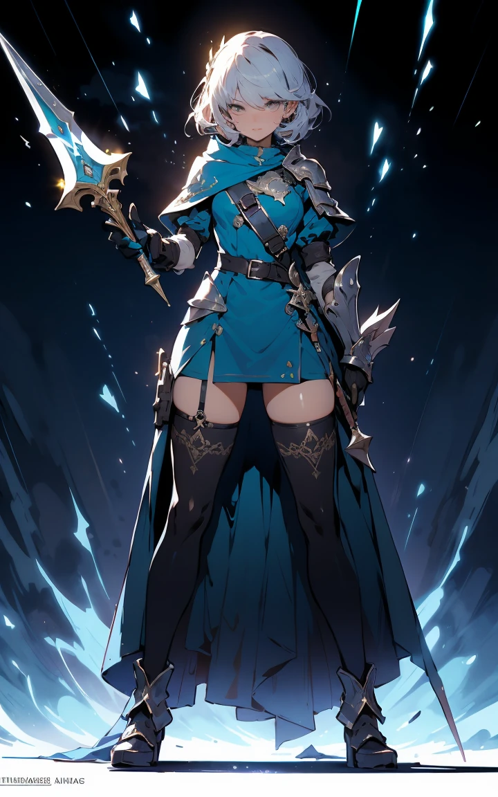(((masterpiece, best quality, high detailed, 8k))) Design a layout showcase Gaming character, (1girl). Silver|Blue clothes, stylish and unique. ((showcase weapon:1.4)), lightning rod. (masterpiece:1.2), (best quality), 4k, ultra-detailed. (Step by step design, layout art:1.5), (luminous lighting, atmospheric lighting). storm mage, ((glove full hands)), (((revealing clothes:1.3))), vambraces, armored legwear, (((full_body_shot:1.4))). {During a thunderstorm}.