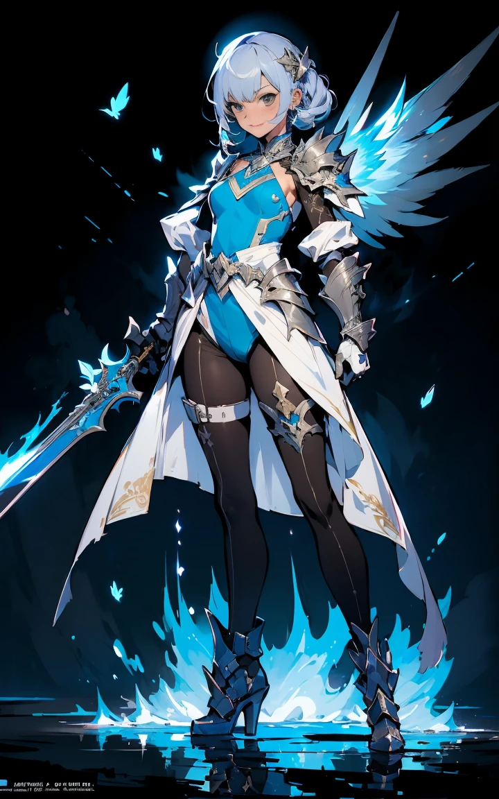 (((masterpiece, best quality, high detailed, 8k))) Design a layout showcase Gaming character, (1girl). Silver|Blue clothes, stylish and unique. ((showcase weapon:1.4)), lightning rod. (masterpiece:1.2), (best quality), 4k, ultra-detailed. (Step by step design, layout art:1.5), (luminous lighting, atmospheric lighting). storm mage, ((glove full hands)), (((revealing clothes:1.3))), vambraces, armored legwear, (((full_body_shot:1.4))). {During a thunderstorm}.
