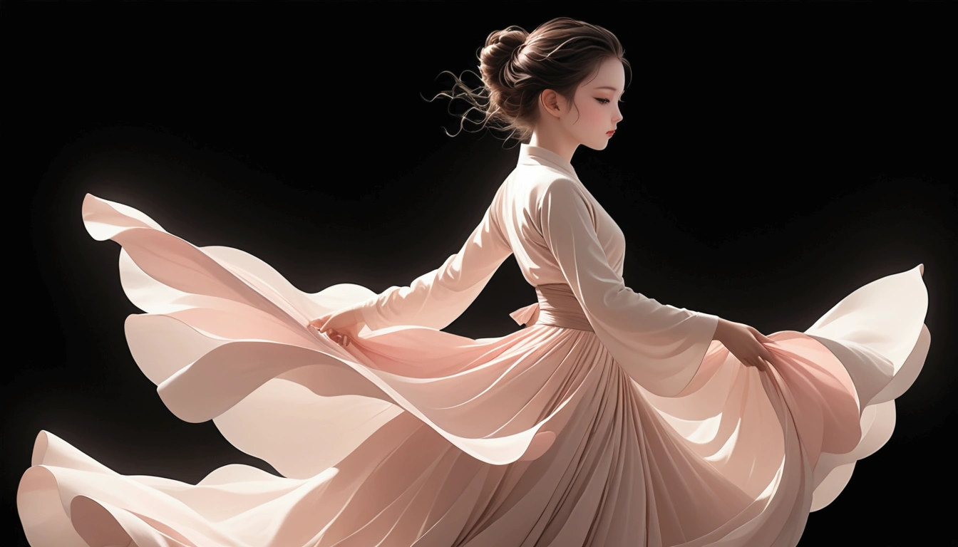 Beautiful dance photography；A little girl，Solitary；A dancing little girl；[Black Eyeball，confidence，High and cold，happy]；[Long skirt elegant style，Long sleeve；Set，Light pink and white gradient，Traditional style，The skirt has no pattern，The hem of the long skirt is like petals covering the background,Petal pattern,]；[Chinese dance]，[[[Full body panorama 1.5]]]，front；Composition：The character is on the right side of the screen；Long hair in the wind,advanced sense,Fashion, Still photography, Loop video, Fascinating movement, captivating visuals, Seamless integration, Compelling storytelling, Vortex phenomenon, Angled form, Dynamic Movement, Bold Geometric Shapes, Fragment shape, sharp contrast, Influence of modernism, nature, , modern Art, Astonishing, Unreal Background, Art from (Alessio Albi:1.1), Soft lighting, happy emotion,(close up, Face Focus), (Fractal Art) Extremely detailed,The most beautiful form of chaos, elegant； Simple style；Minimalism。Panoramic photography；Depth of Field, Extraordinary details, masterpiece, high quality, 4K，cinematic lighting, motion blur, depth of field, sparkle, ray tracing, reflection light, anatomically correct, uhd, textured skin, best quality, super detail, highres, high details, accurate, high quality, award winning