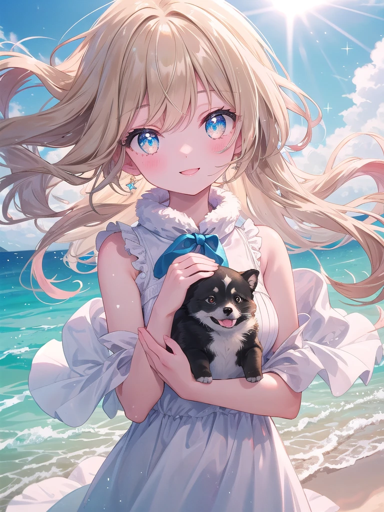 ((8k, best quality, master piece: 1.3)),super high resolution,(1 girl, solo), (colorshift eyes, hyperdetailed, expressive sparkling, glitter, glowing eyes), ultra detailed eyes, ultra-detailed face, random hair, ((pastel color)),A girl interacting with animals. The background is a sandy beach by the sea, and the sound of gentle waves lapping on the shore can be heard. The girl is wearing a white summer dress, which flutters lightly in the wind. The camera is set to a bust shot so that her expression can be clearly seen. A happy smile spreads across the girl's face, and her big eyes are bright and shining. Her skin is healthy from the sunlight, and her cheeks are tinted pink. Her hair is long and wavy, and is depicted as it flutters in the wind in a natural way. Her hair is light brown, and it sparkles as it reflects the sunlight.

She is holding a small white puppy, and the puppy buries its face in her chest, looking relieved. The puppy's fur is soft, and its fluffy white fur is depicted realistically. The whole scene is bright and warm, emphasizing the girl's smile and the puppy's cute appearance. The background is a blue sea, blue sky, and a sandy beach, and you can feel the joy of interacting with nature and animals.

The softness of the girl's dress, the texture of the puppy's fur, and the way the light hits it are all depicted in detail. The bright sunlight at the beach brings out the girl's smile even more, recreating an overall open and heartwarming atmosphere. Her innocent smile and gentle hand movements convey the joy of interacting with animals.