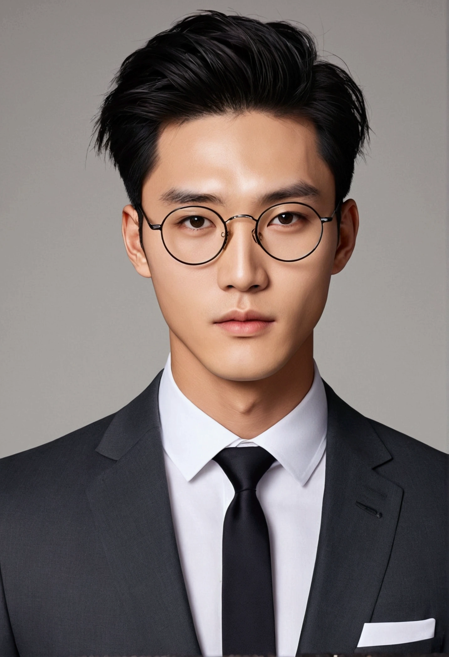 a guy with Korean features, His hair is black and straight, cut short on the sides and a little longer on top, he has almond-shaped eyes, with long eyelashes and well-defined eyebrows, His skin is naturally fair, with a warm and healthy tone, slim and athletic, He can wear a modern and elegant style,he is in front of his new house,he wears round glasses, He's wearing an elegant suit and tie  Realist