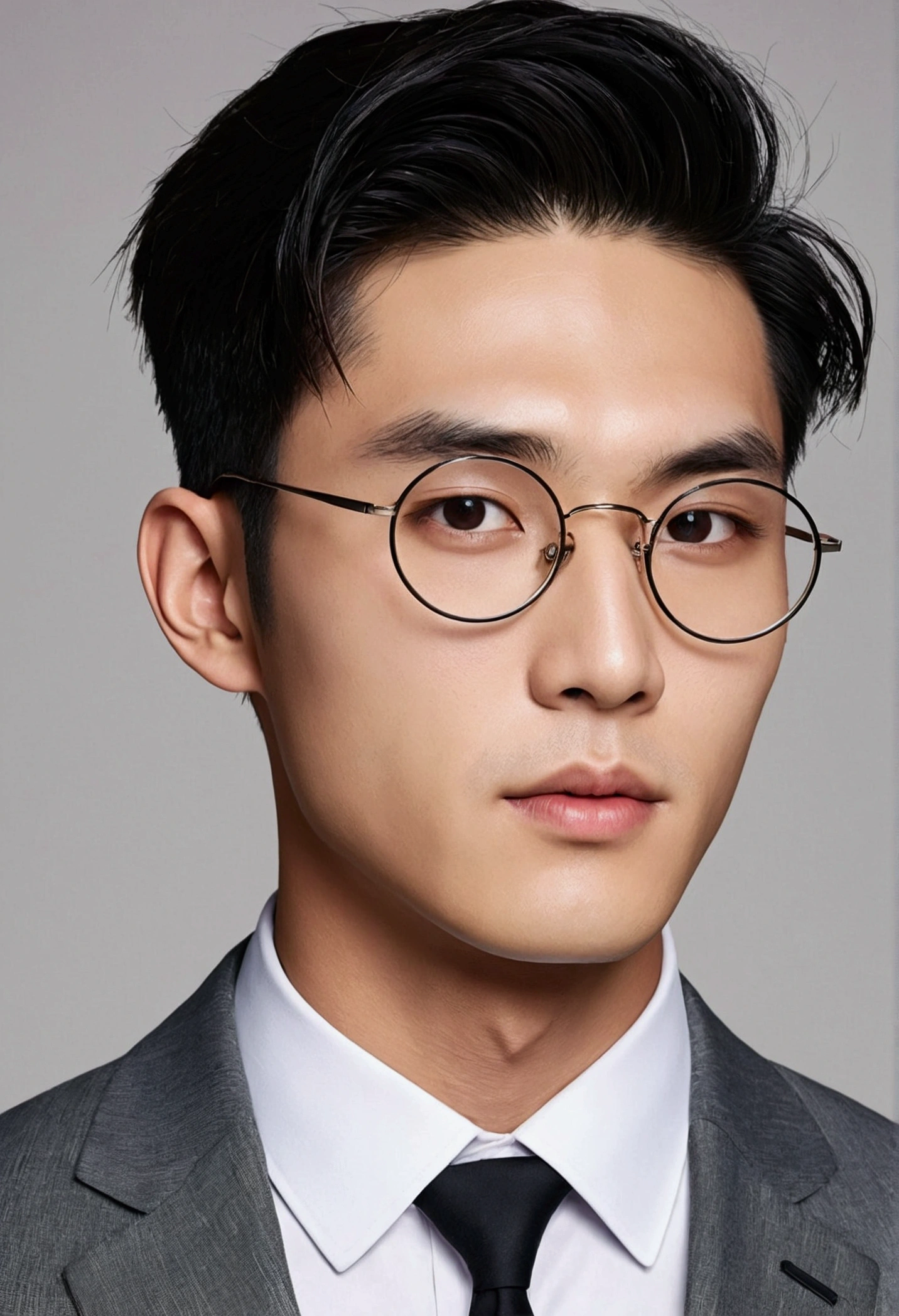 a guy with Korean features, His hair is black and straight, cut short on the sides and a little longer on top, he has almond-shaped eyes, with long eyelashes and well-defined eyebrows, His skin is naturally fair, with a warm and healthy tone, slim and athletic, He can wear a modern and elegant style,he is in front of his new house,he wears round glasses, He's wearing an elegant suit and tie Realist